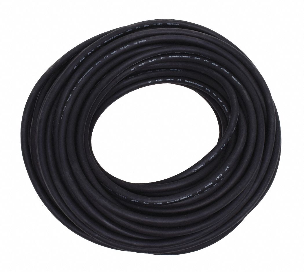 Portable Cord: SOOW, 600 V, 2 Conductors, 18 AWG, Black Jacket, 100 ft Overall Lg