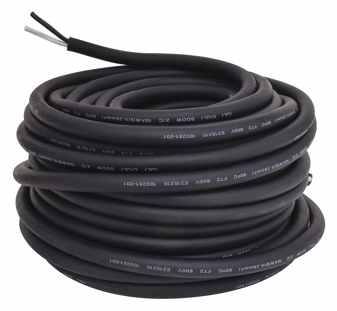GRAINGER APPROVED Portable Cord 2 Conductors, 10 AWG Wire Size, Rubber