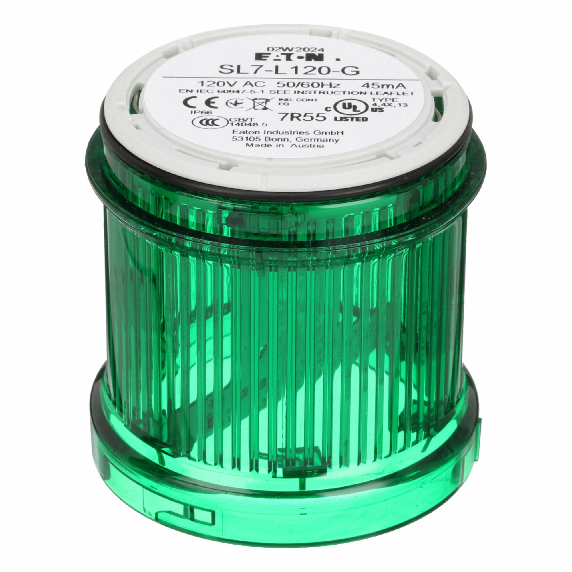 Tower Light Module: Steady, 110/120V AC, Green, 70 mm Overall Dia, 3 in Overall Ht, SL4