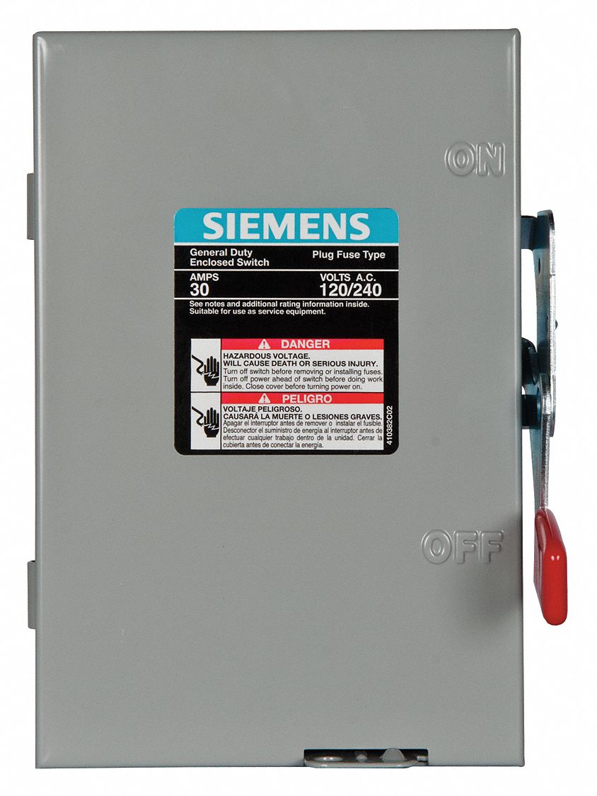 Safety Switch: Fusible, 30 A, Single Phase, 240V AC, Galvanized Steel, Indoor