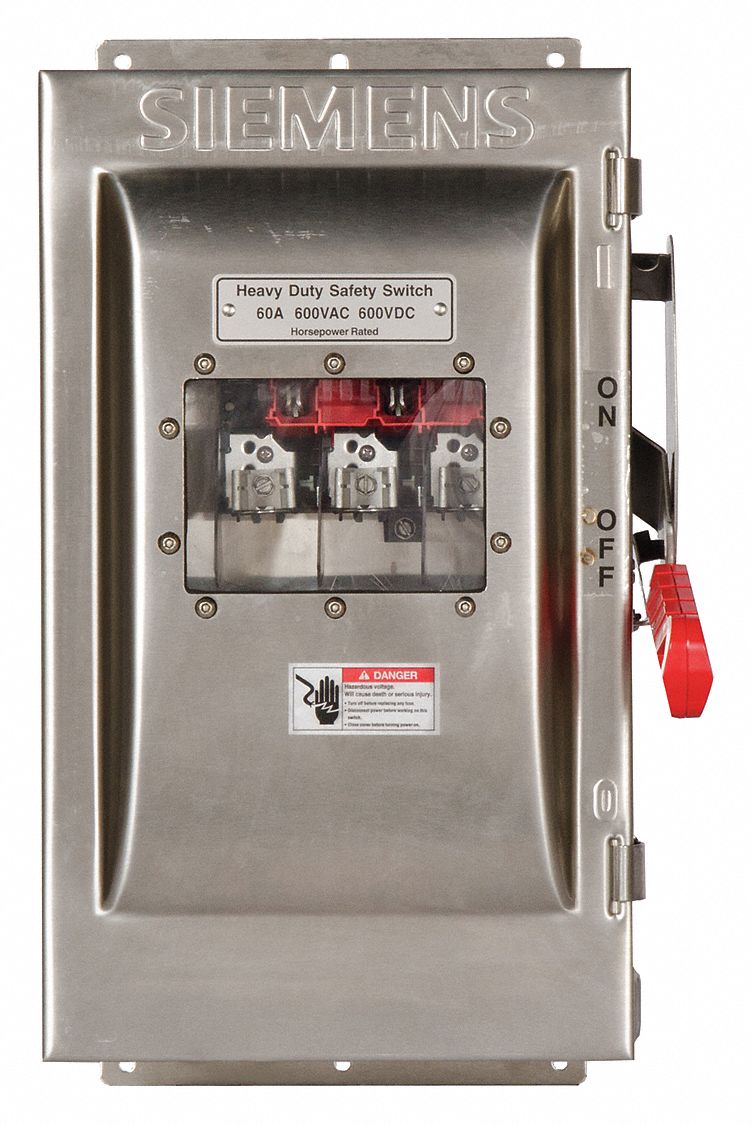 Safety Switch: Fusible, 60 A, Three Phase, 600V AC, 304 Stainless Steel, Indoor/Outdoor