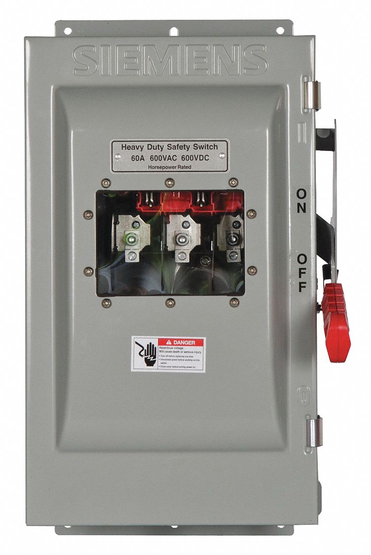 Safety Switch: Fusible, 60 A, Three Phase, 600V AC, Galvanized Steel, Indoor