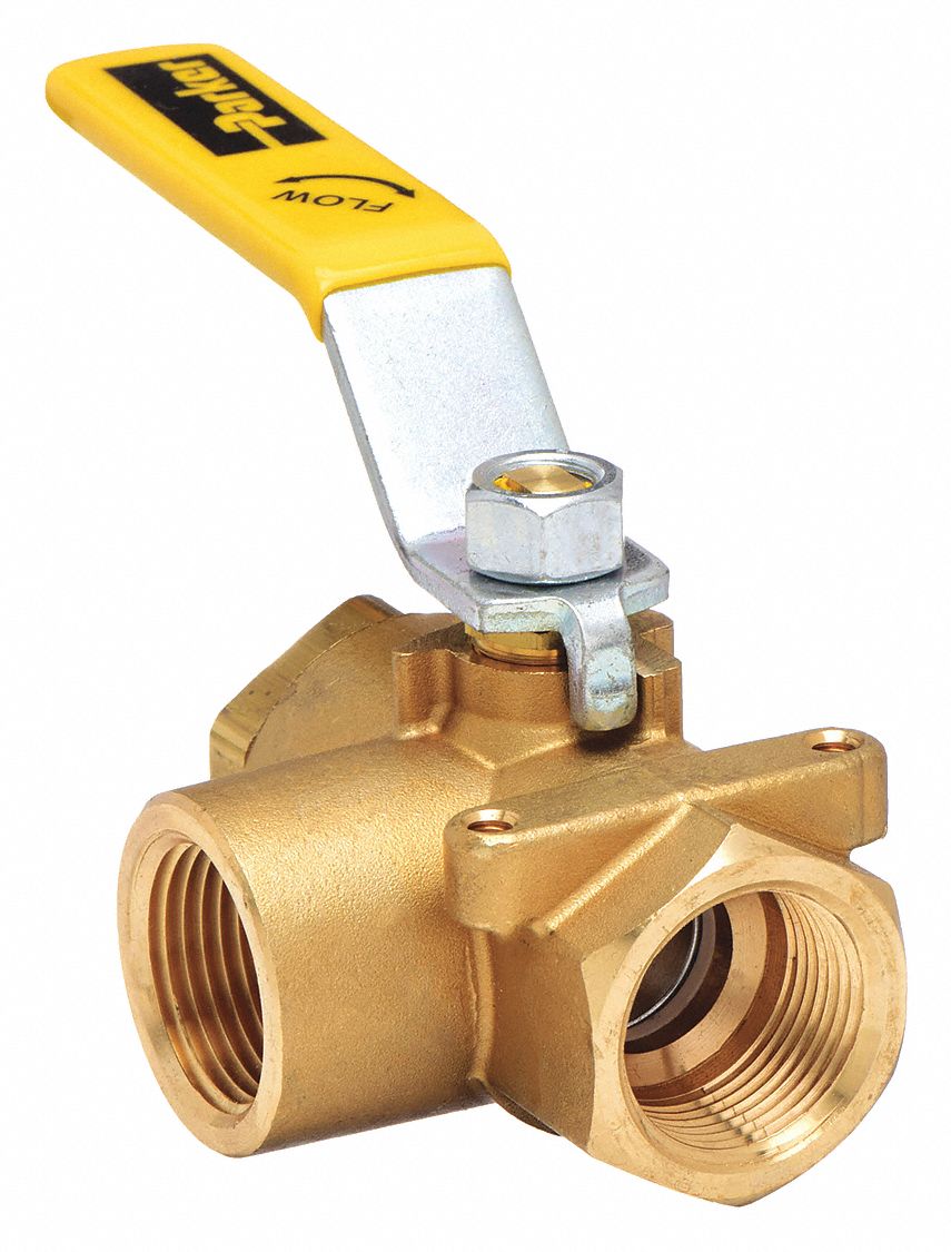 MANUAL THREE-WAY BALL VALVE: ¼ IN, BRASS, L FLOW, FNPT X FNPT X FNPT, TWO-PIECE