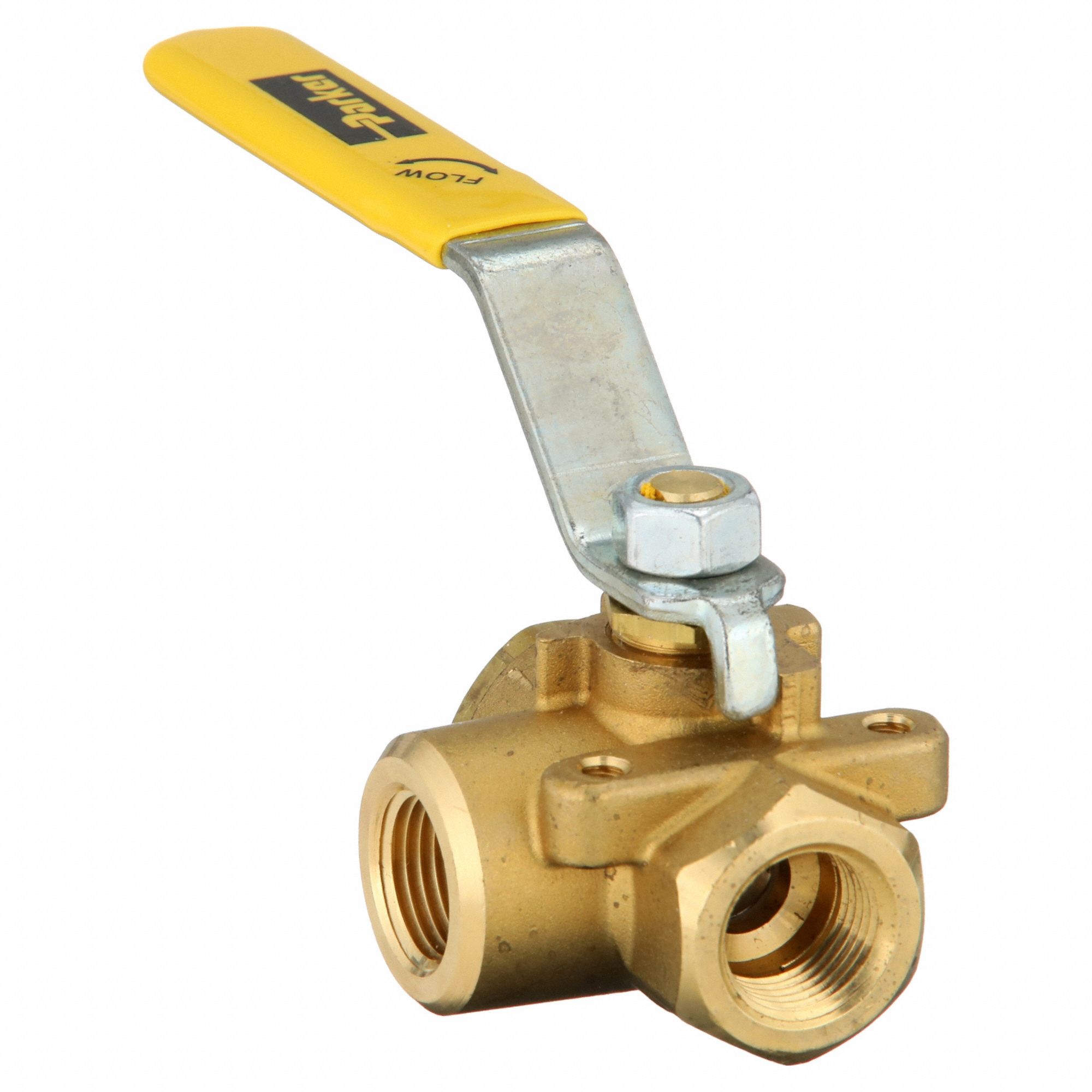 Manual Three-Way Ball Valve: 3/8 in, Brass, L Flow, FNPT x FNPT x FNPT, Two-Piece
