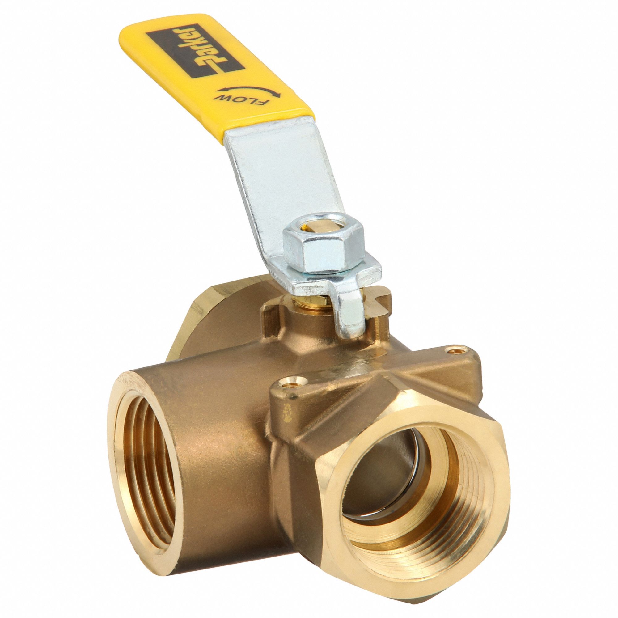 Manual Three-Way Ball Valve: 1 in, Brass, L Flow, FNPT x FNPT x FNPT, Two-Piece
