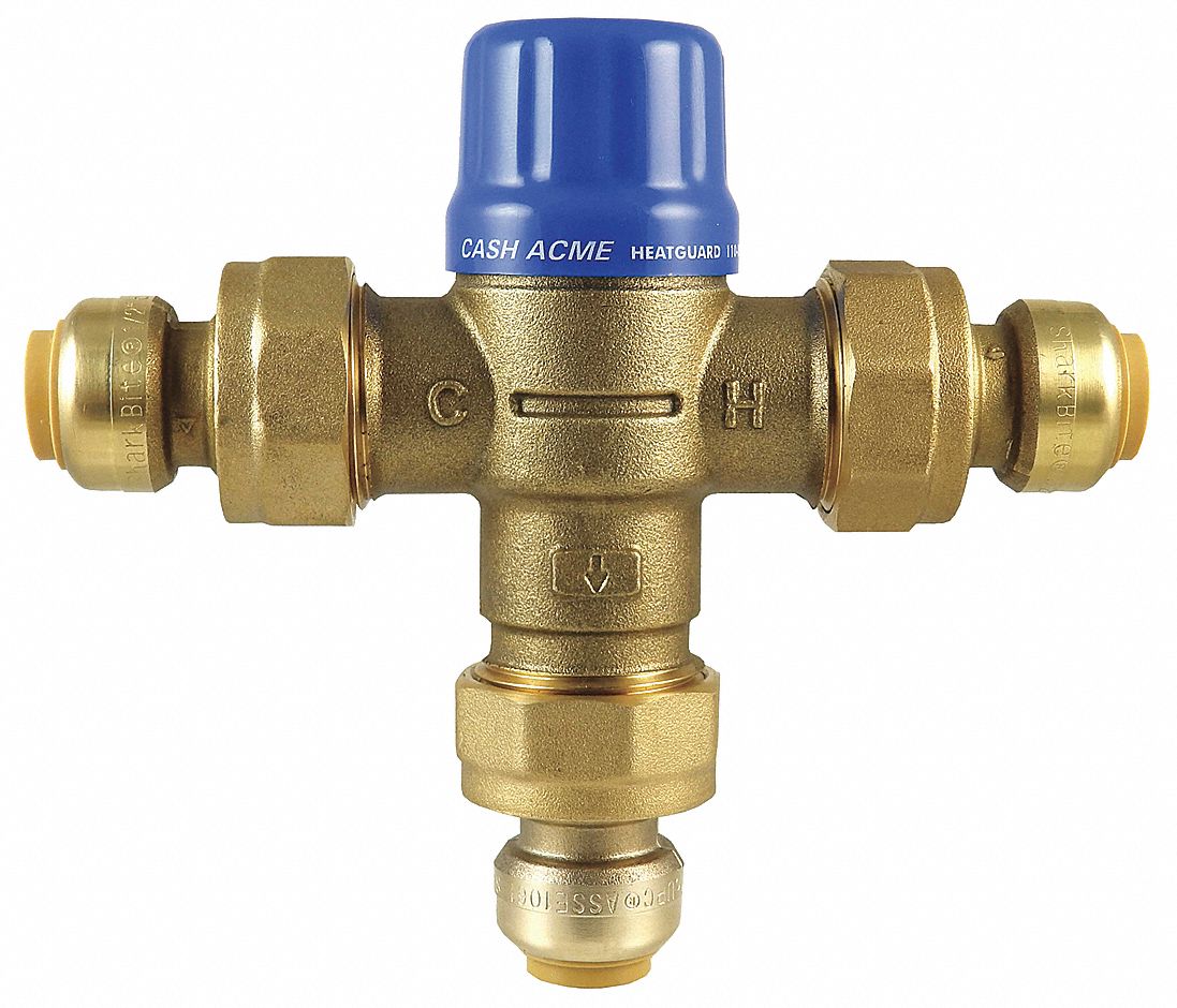 THERMOSTATIC MIXING VALVE: ¾ IN INLET CONNECTION SIZE, ¾ IN OUTLET CONNECTION SIZE