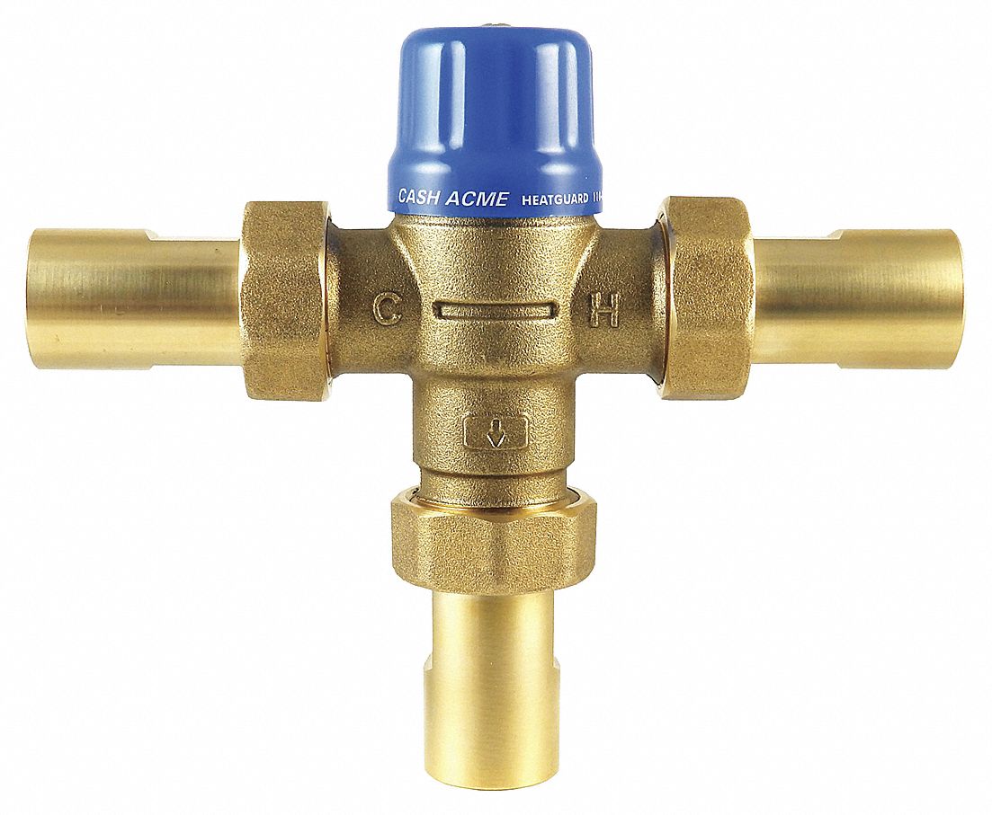 THERMOSTATIC MIXING VALVE: ½ IN INLET CONNECTION SIZE, ½ IN OUTLET CONNECTION SIZE