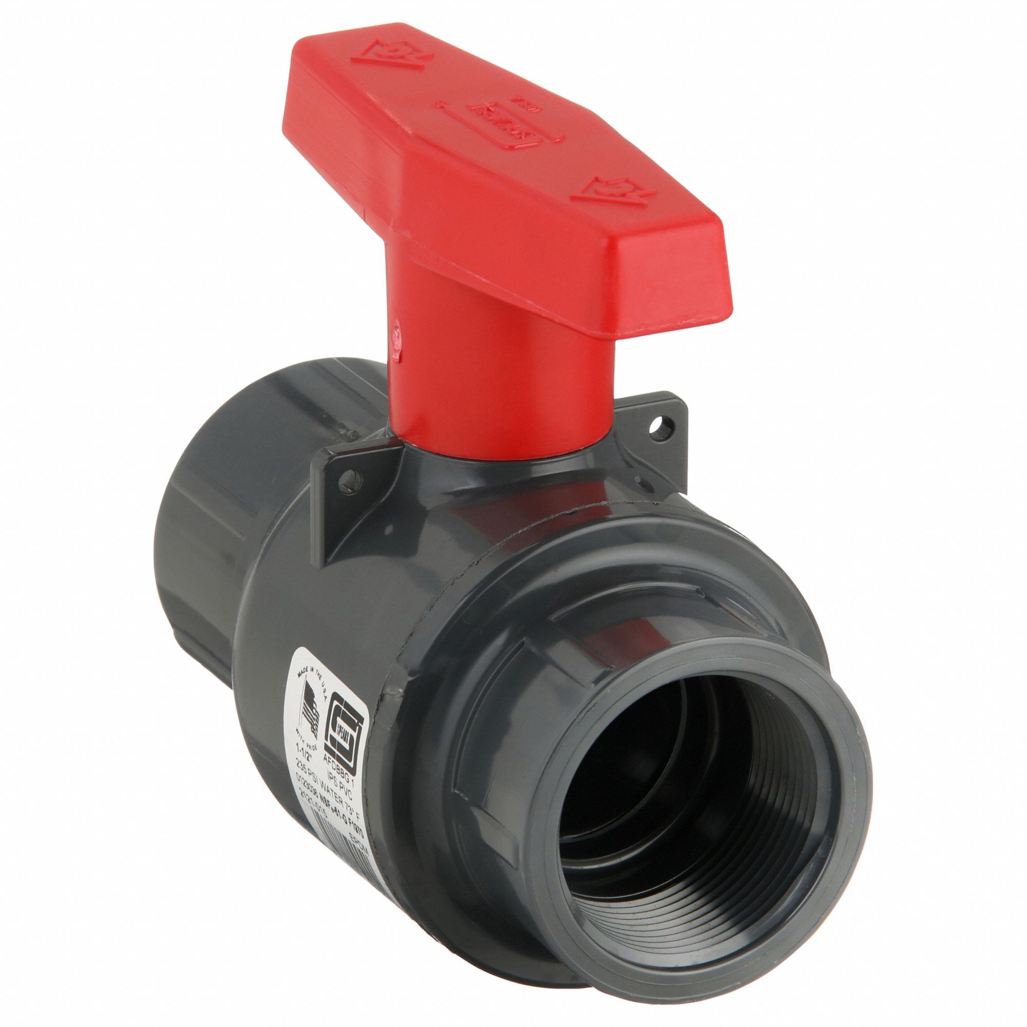 Manual Two-Way Ball Valve: 1 1/2 in, PVC, Straight, FNPT x FNPT, 235 psi Max. Pressure (CWP)