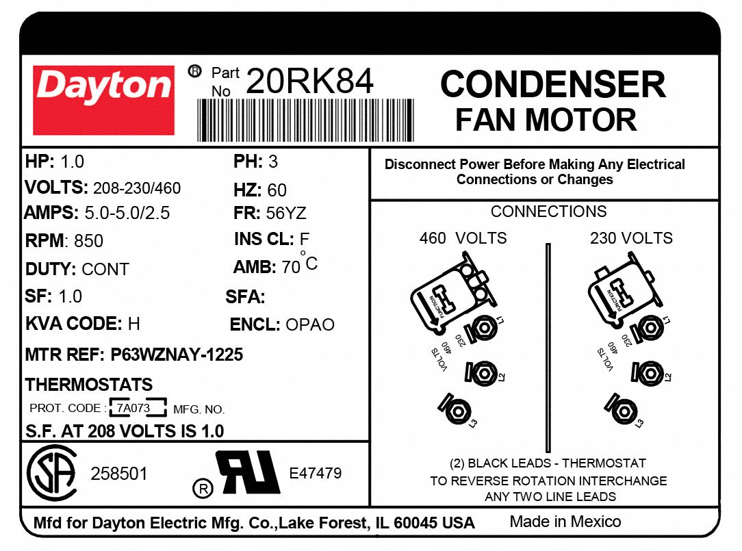 DAYTON Condenser Fan Motor Rigid Base Mount, Open AirOver, 1 HP, 850