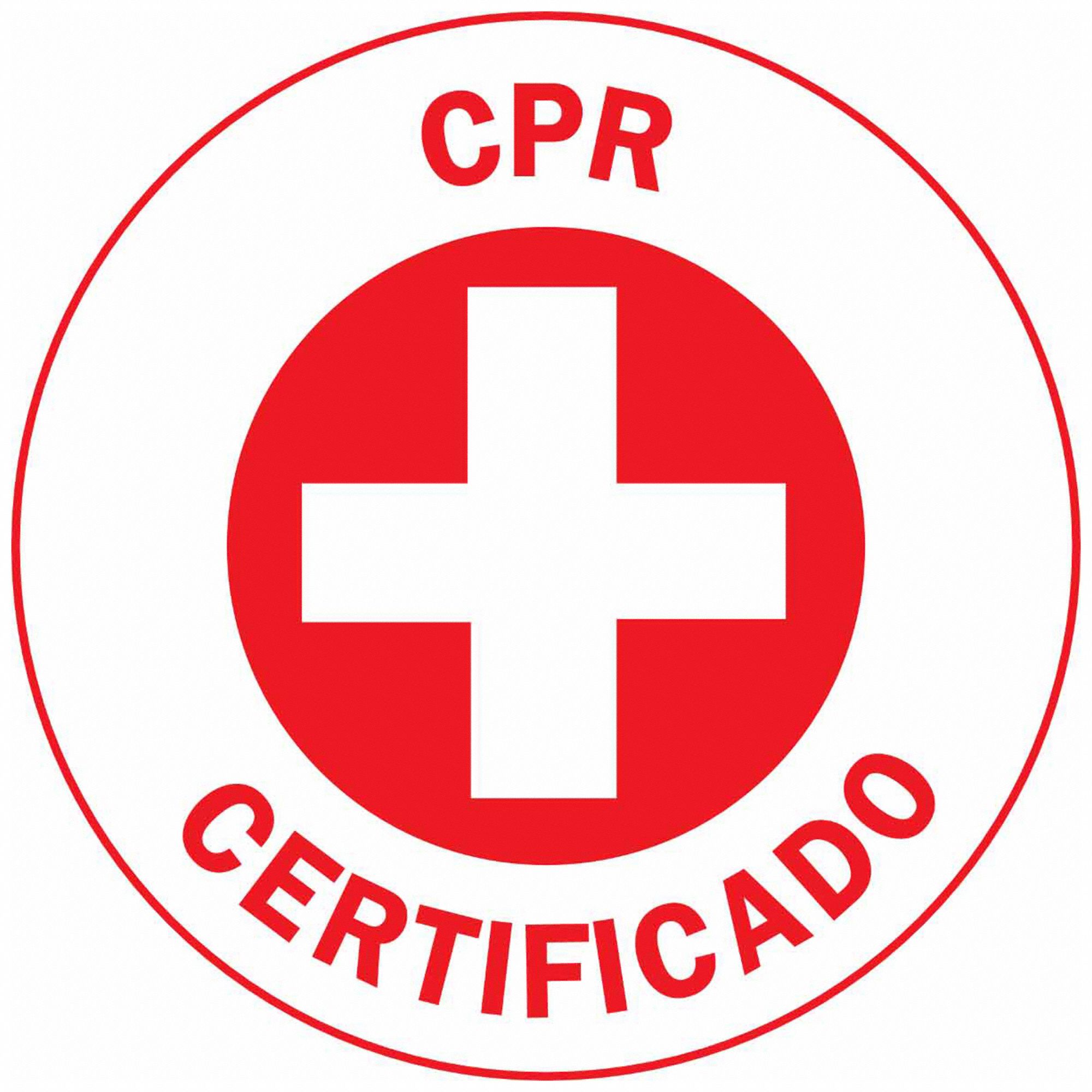 Hard Hat Label: CPR Certificado, 2 in Dia, English, Non-Reflective, 4 Labels, Circle, Std, 4 PK