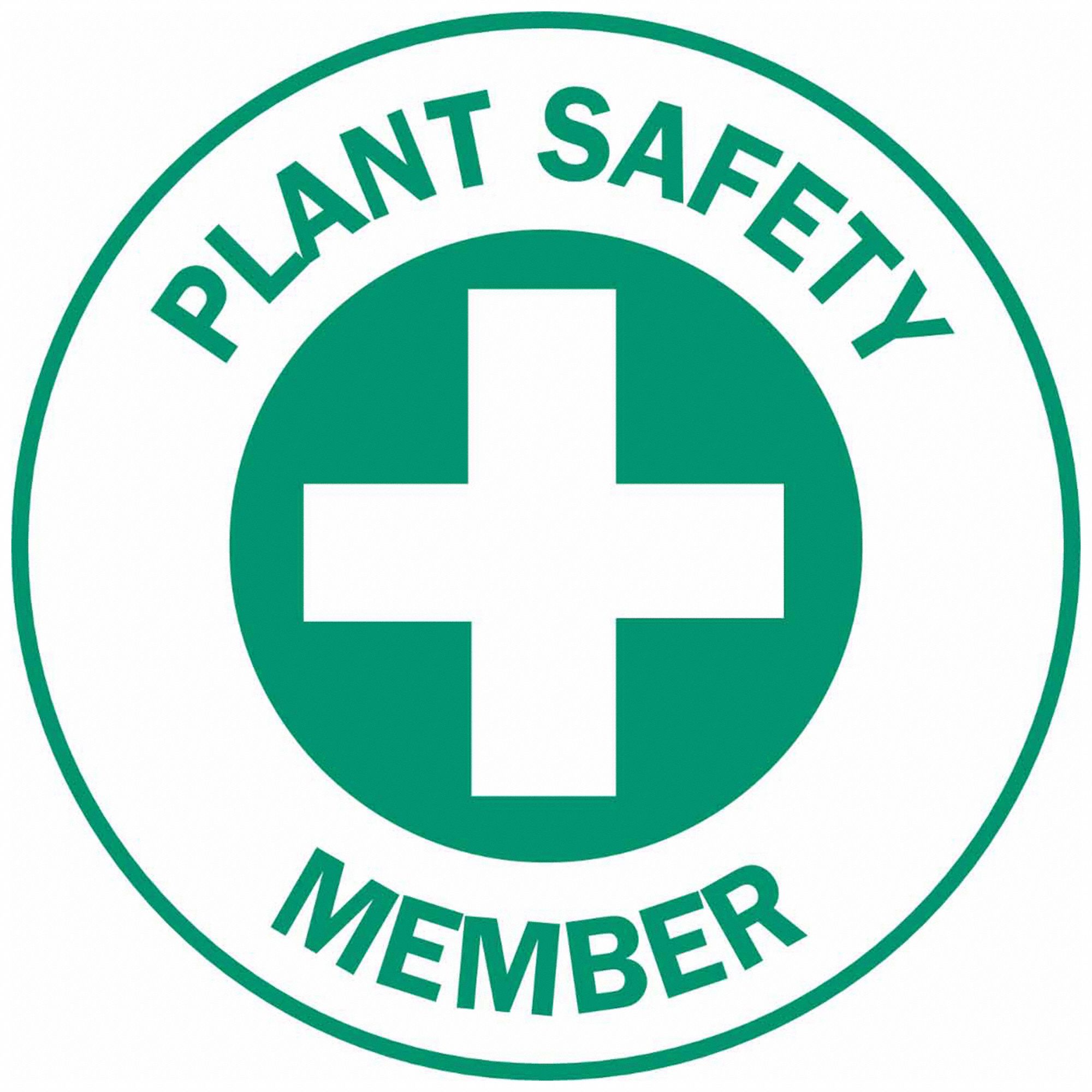 Hard Hat Label: Plant Safety Member, 2 in Dia, English, Non-Reflective, 4 Labels, Circle, Std, 4 PK