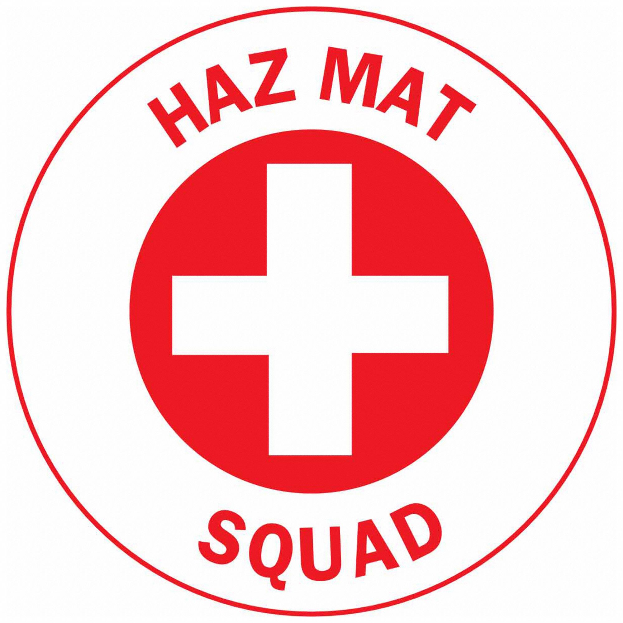 Hard Hat Label: Haz Mat Squad, 2 in Dia, English, Non-Reflective, 4 Labels, Circle, Std, Vinyl, 4 PK