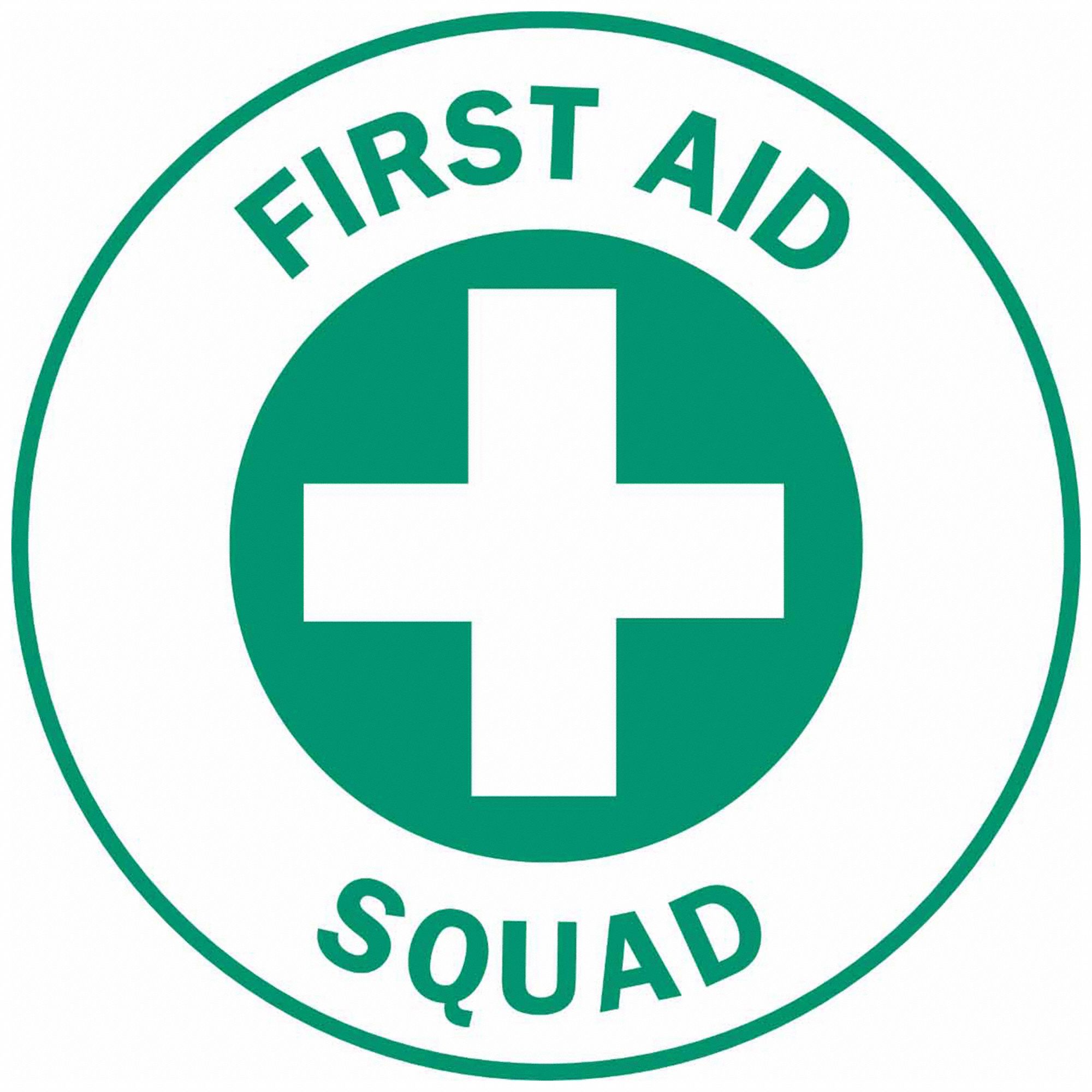 Hard Hat Label: First Aid Squad, 2 in Dia, English, Non-Reflective, 4 Labels, Circle, Std, 4 PK