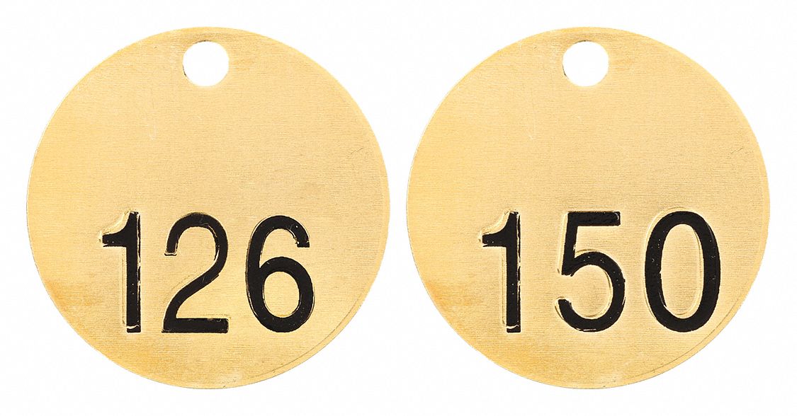 Numbered Tag Set: Brass, 1 1/2 in Dia, 126-150, Brass, 0.04 in Thick, Round, 25 PK