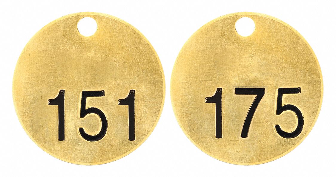 Numbered Tag Set: Brass, 1 1/2 in Dia, 151-175, Brass, 0.04 in Thick, Round, 25 PK