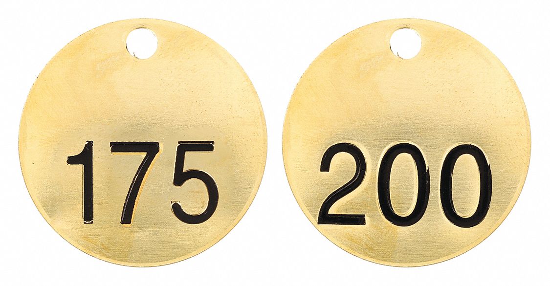 Numbered Tag Set: Brass, 1 1/2 in Dia, 176-200, Brass, 0.04 in Thick, Round, 25 PK
