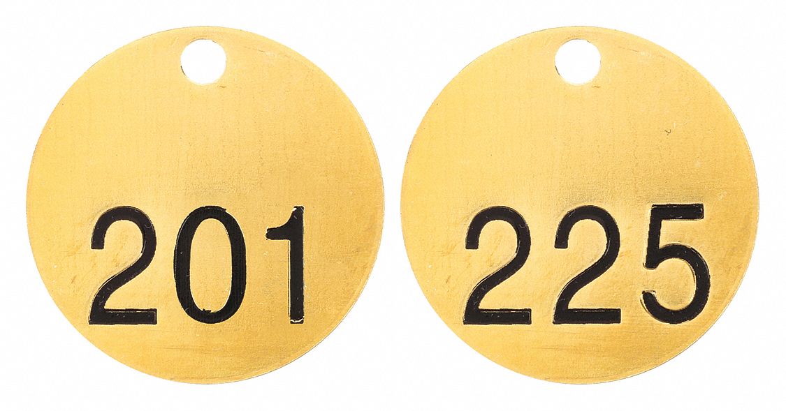 Numbered Tag Set: Brass, 1 1/2 in Dia, 201-225, Brass, 0.04 in Thick, Round, 25 PK