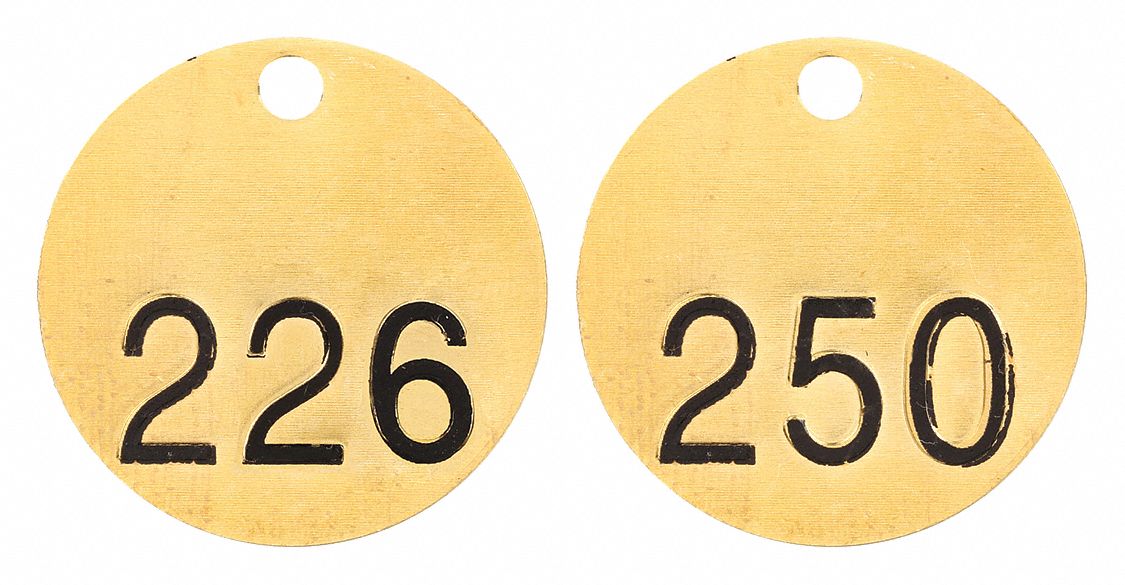 Numbered Tag Set: Brass, 1 1/2 in Dia, 226-250, Brass, 0.04 in Thick, Round, 25 PK