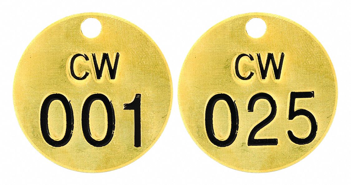Numbered Tag Set: Brass, 1 1/2 in Dia, CW (Cold Water), 001-025, Brass, 0.04 in Thick, Round, 25 PK