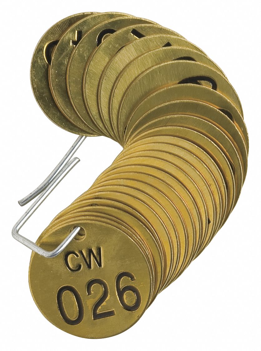 Numbered Tag Set: Brass, 1 1/2 in Dia, CW (Cold Water), 026-050, Brass, 0.04 in Thick, Round, 25 PK