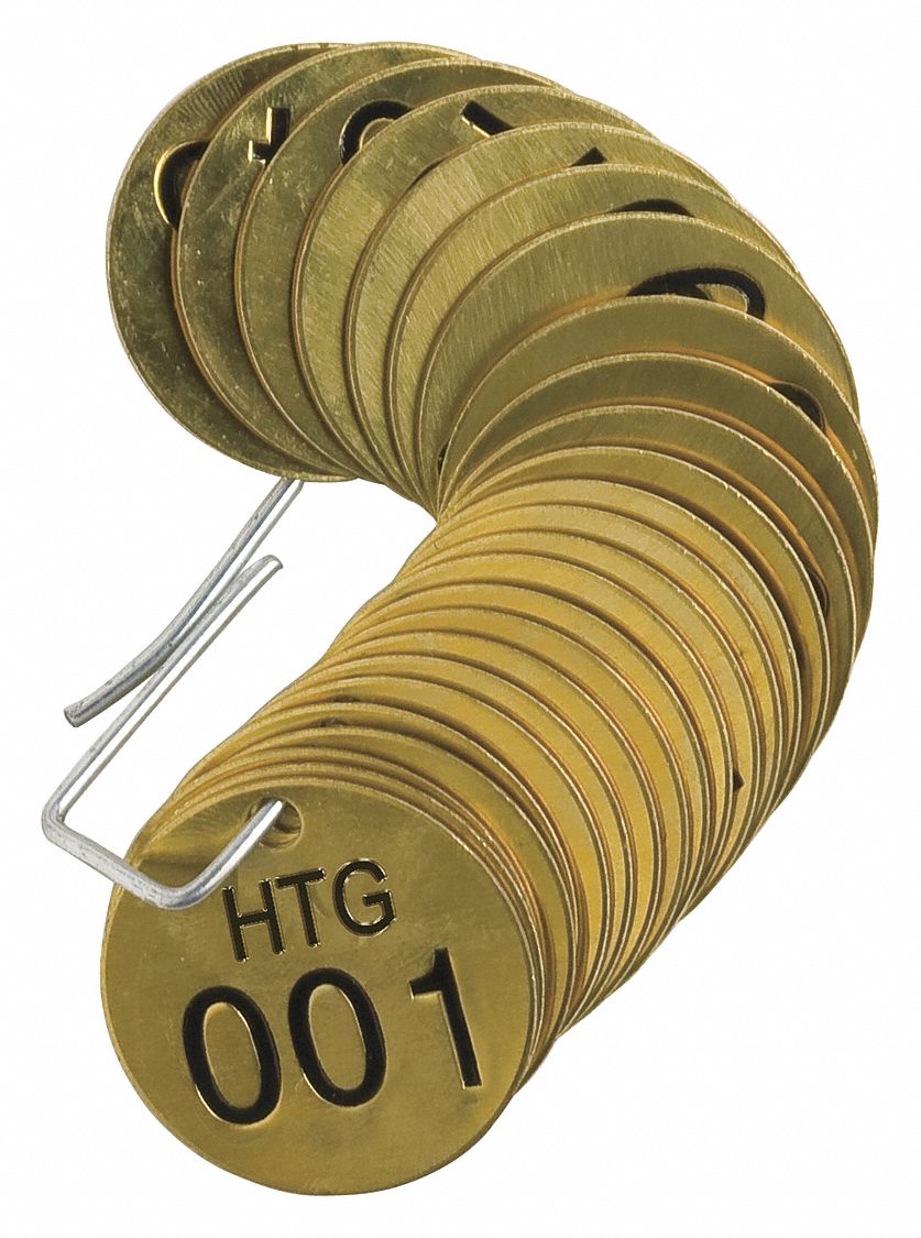 Numbered Tag Set: Brass, 1 1/2 in Dia, HTG (Heating), 001-025, Brass, 0.04 in Thick, Round, 25 PK