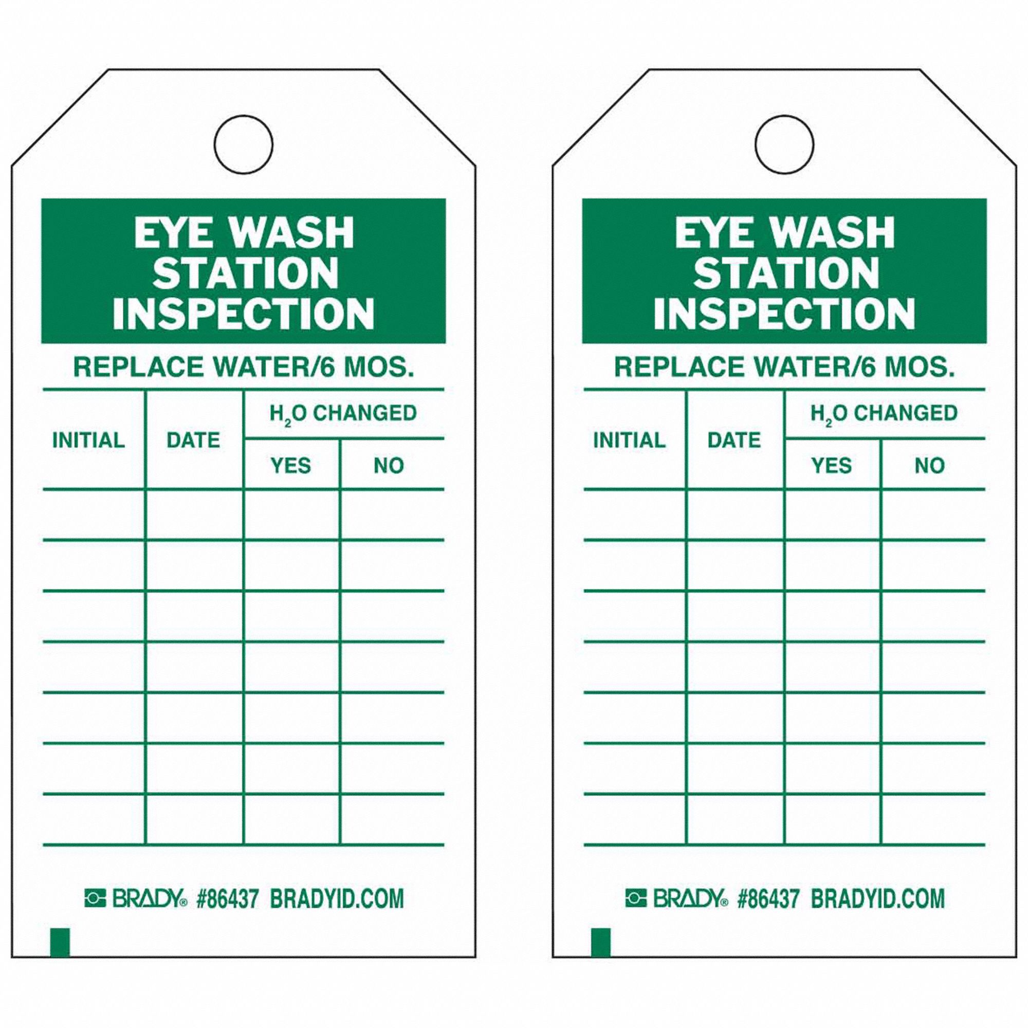 Tag: Eyewash Station Inspection, 4 in Wd, 7 in Ht, Green/White, Heavy Duty Polyester, Matte, 10 PK