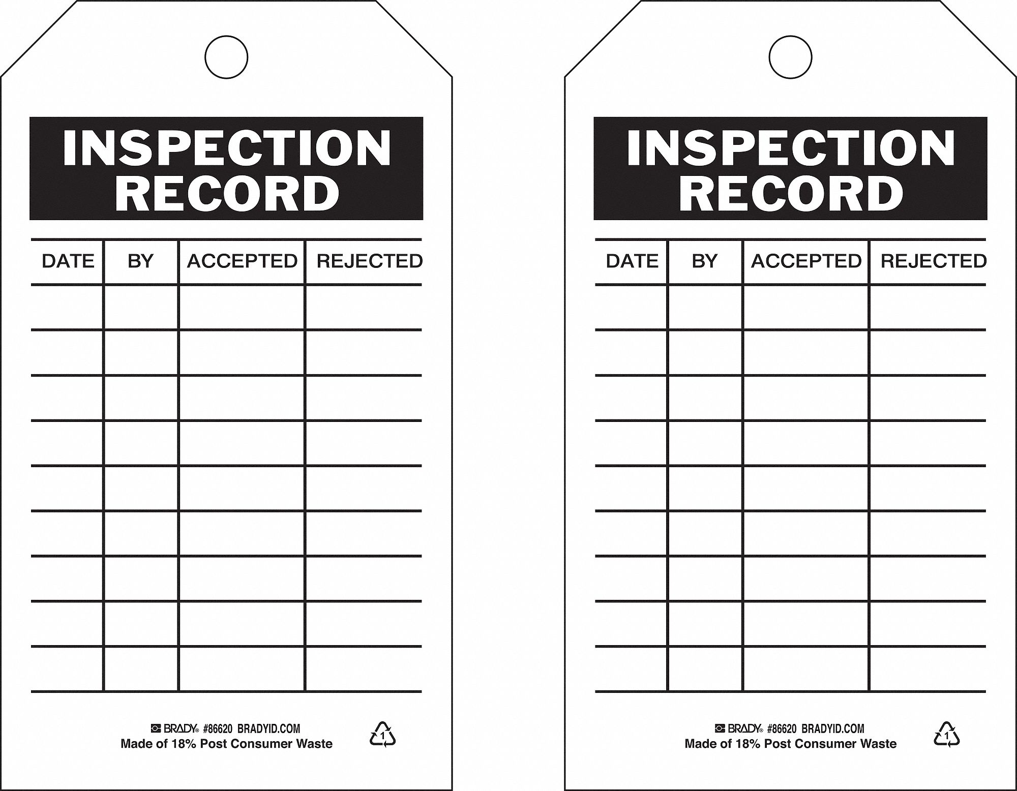 BRADY Inspection Tag, Inspection Record, 7 in Height, 4 in Width