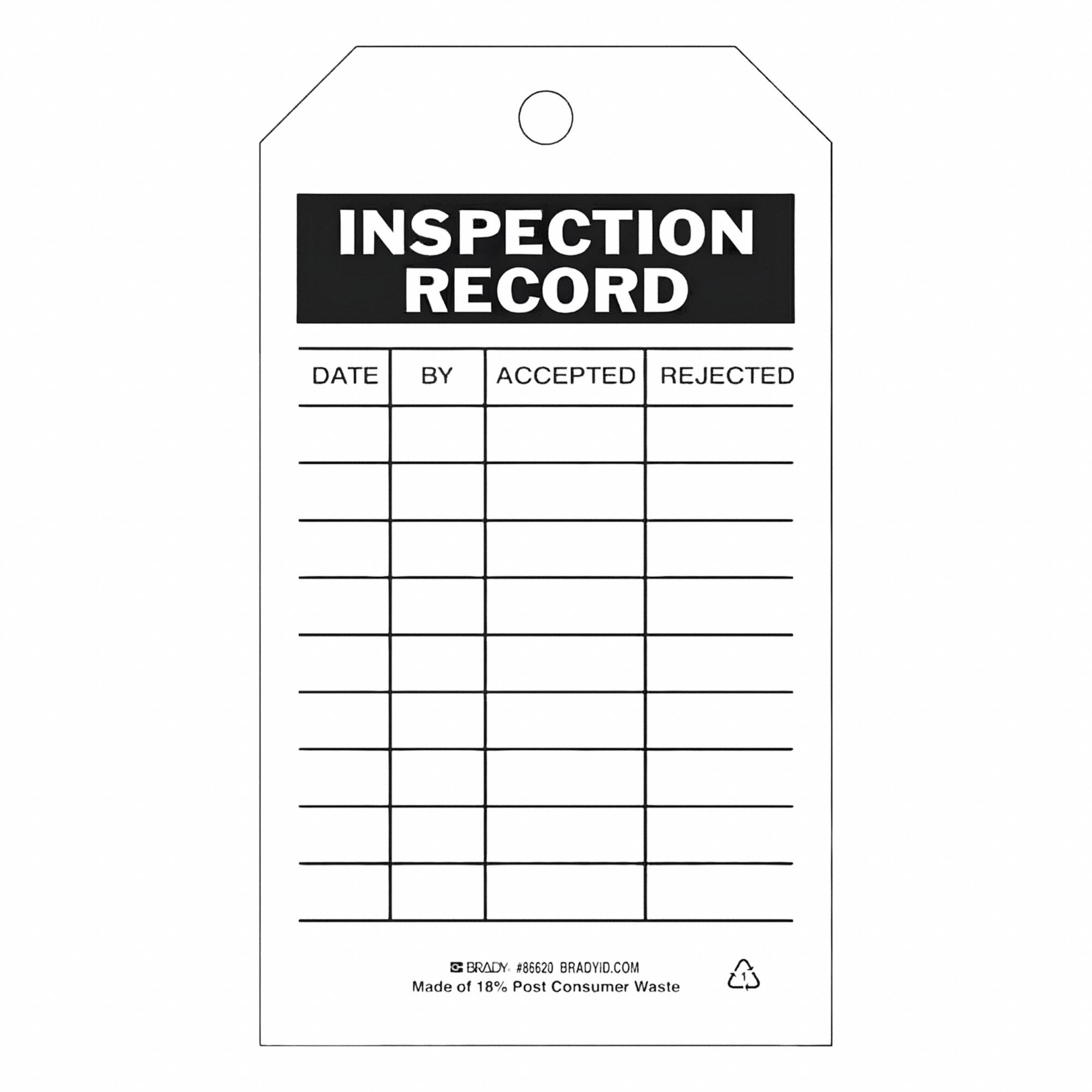Tag: Inspection Record, 4 in Wd, 7 in Ht, Black/White, Rectangle, Polyester, Outdoor, English, 10 PK