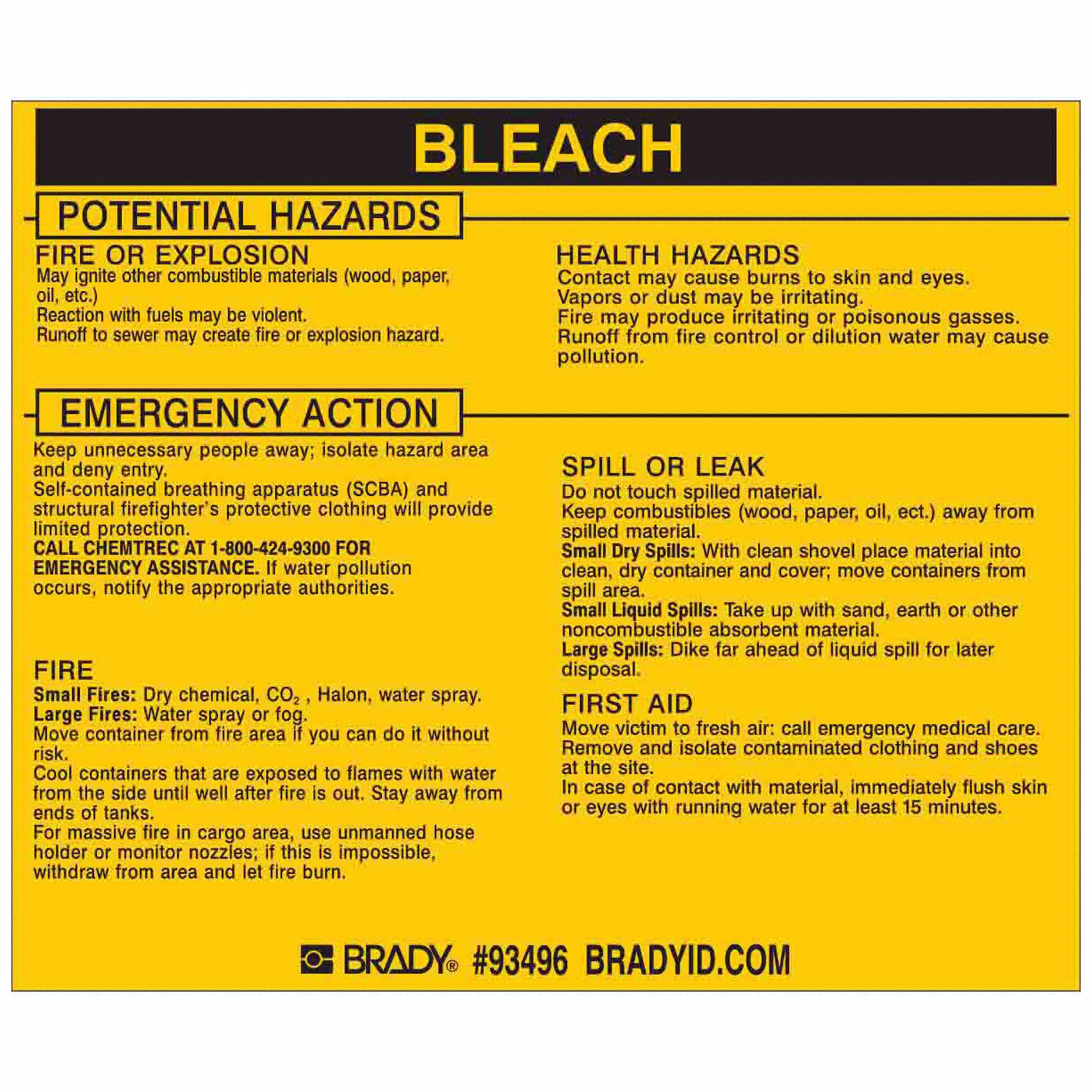 NFPA Label: Bleach, 3 3/4 in Ht, 4 1/2 in Wd, Vinyl, Rectangle, English, 25 Labels, Bleach