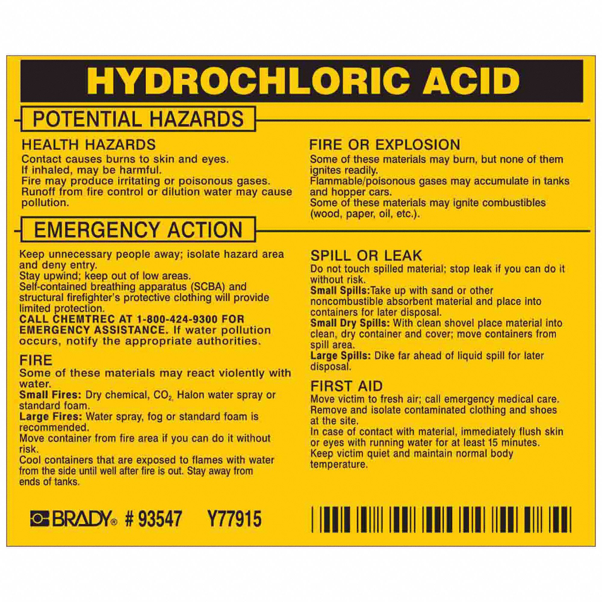 Right-To-Know Label: Hydrochloric Acid, 3 1/2 in Ht, 4 1/2 in Wd, Vinyl, Rectangle, English