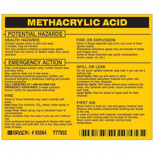 Methacrylic Acid, 3 1/2 in Ht, Label 20TH8293564 Grainger