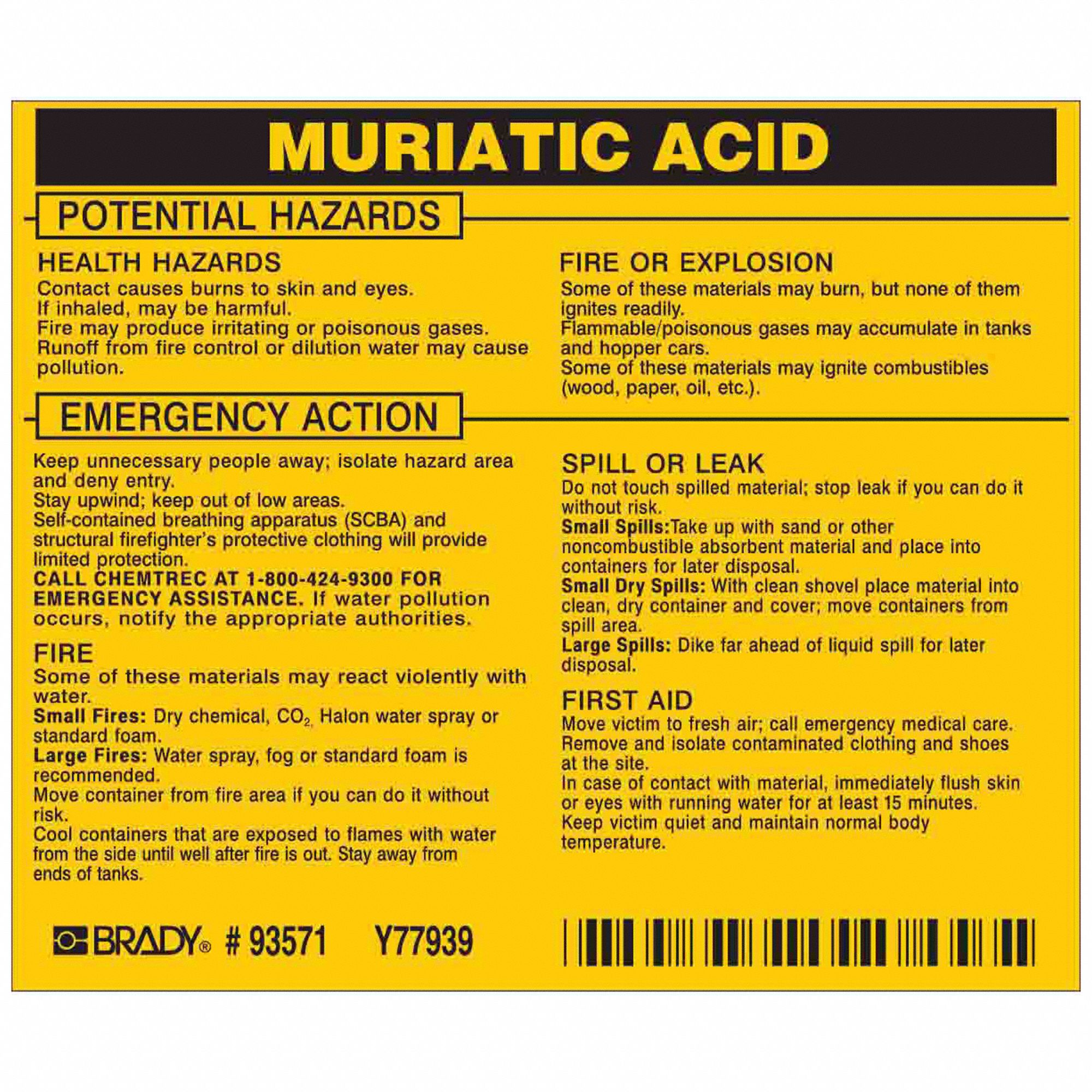 Right-To-Know Label: Muriatic Acid, 3 1/2 in Ht, 4 1/2 in Wd, Vinyl, Rectangle, English, 25 Labels