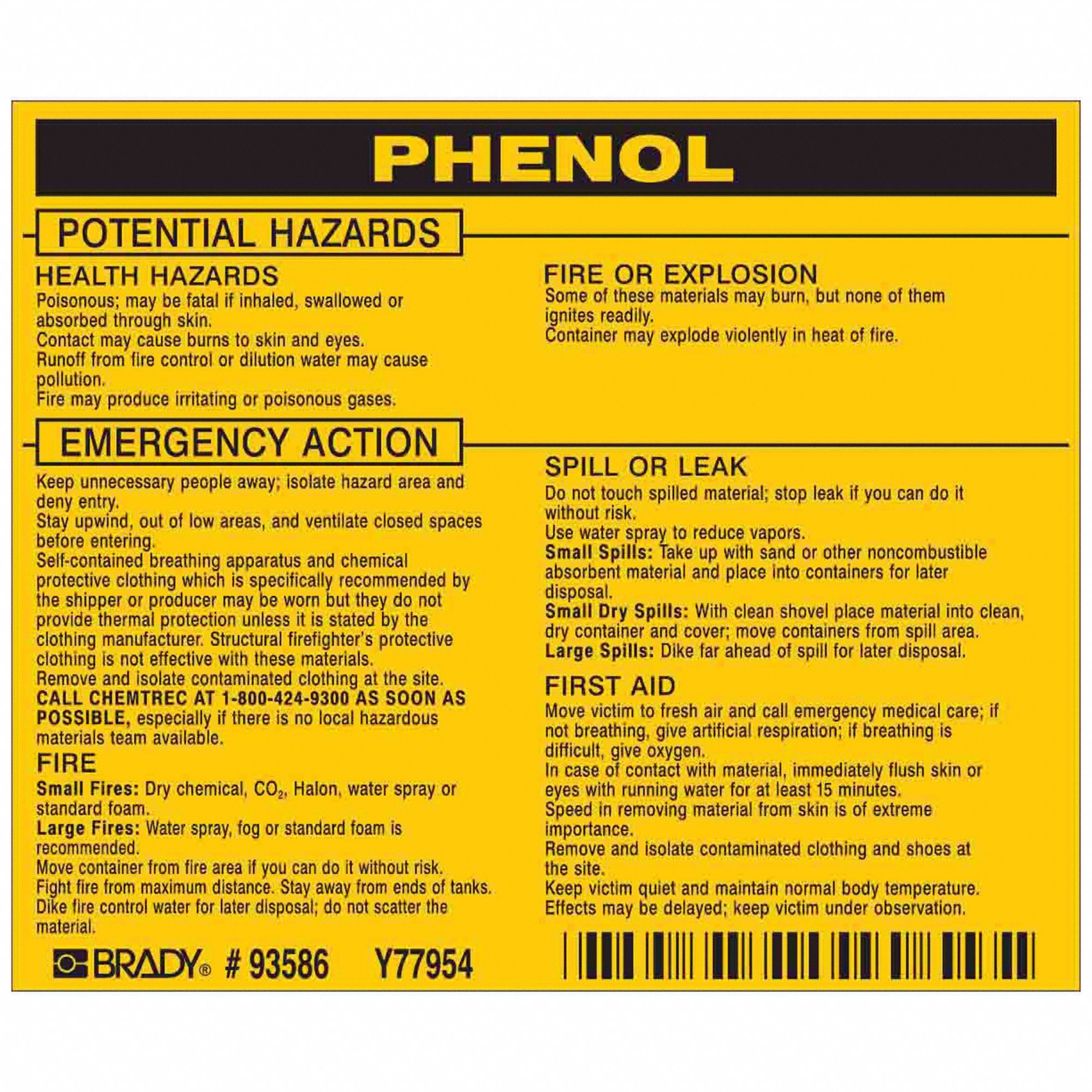 Right-To-Know Label: Phenol, 3 1/2 in Ht, 4 1/2 in Wd, Vinyl, Rectangle, English, 25 Labels, Phenol