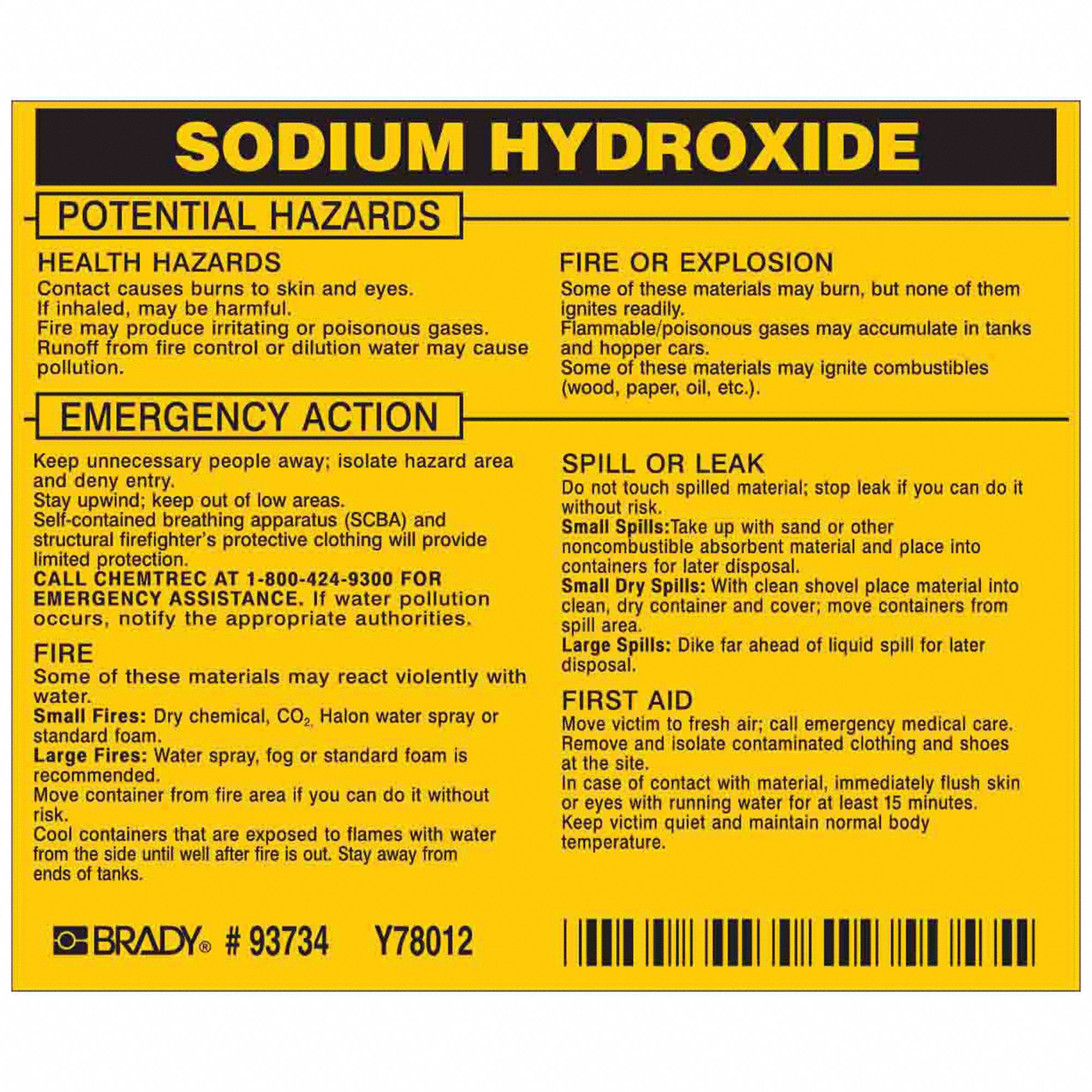 Right-To-Know Label: Sodium Hydroxide, 3 1/2 in Ht, 4 1/2 in Wd, Vinyl, Rectangle, English