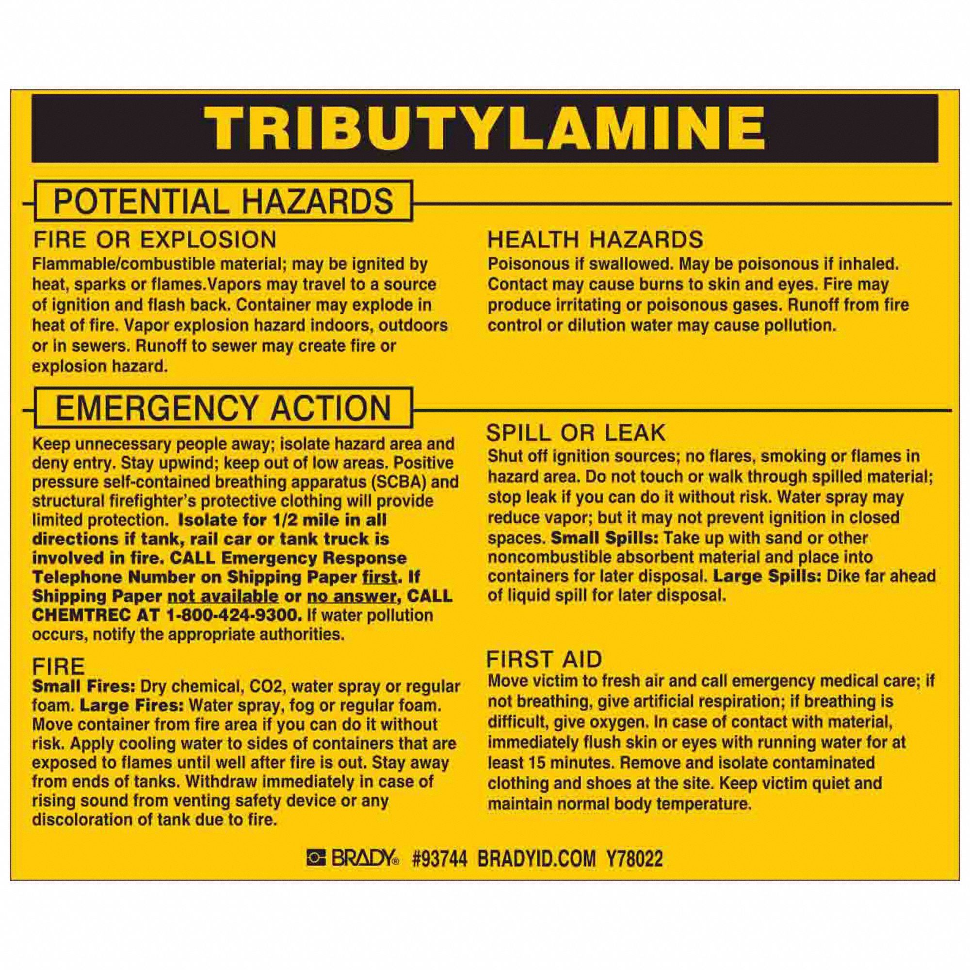 Label: Tributylamine, 3 1/2 in Ht, 4 1/2 in Wd, Vinyl, Rectangle, English, 25 Labels
