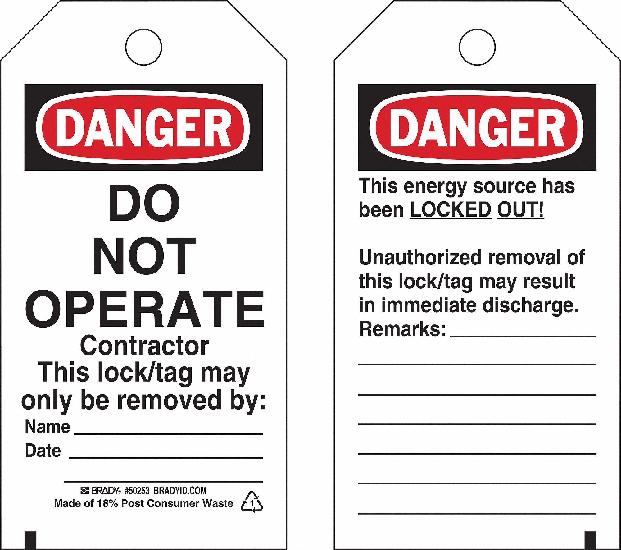 Danger Tag: Danger, Danger Do Not Operate, Heavy Duty Polyester, Date/Name/Remarks, English