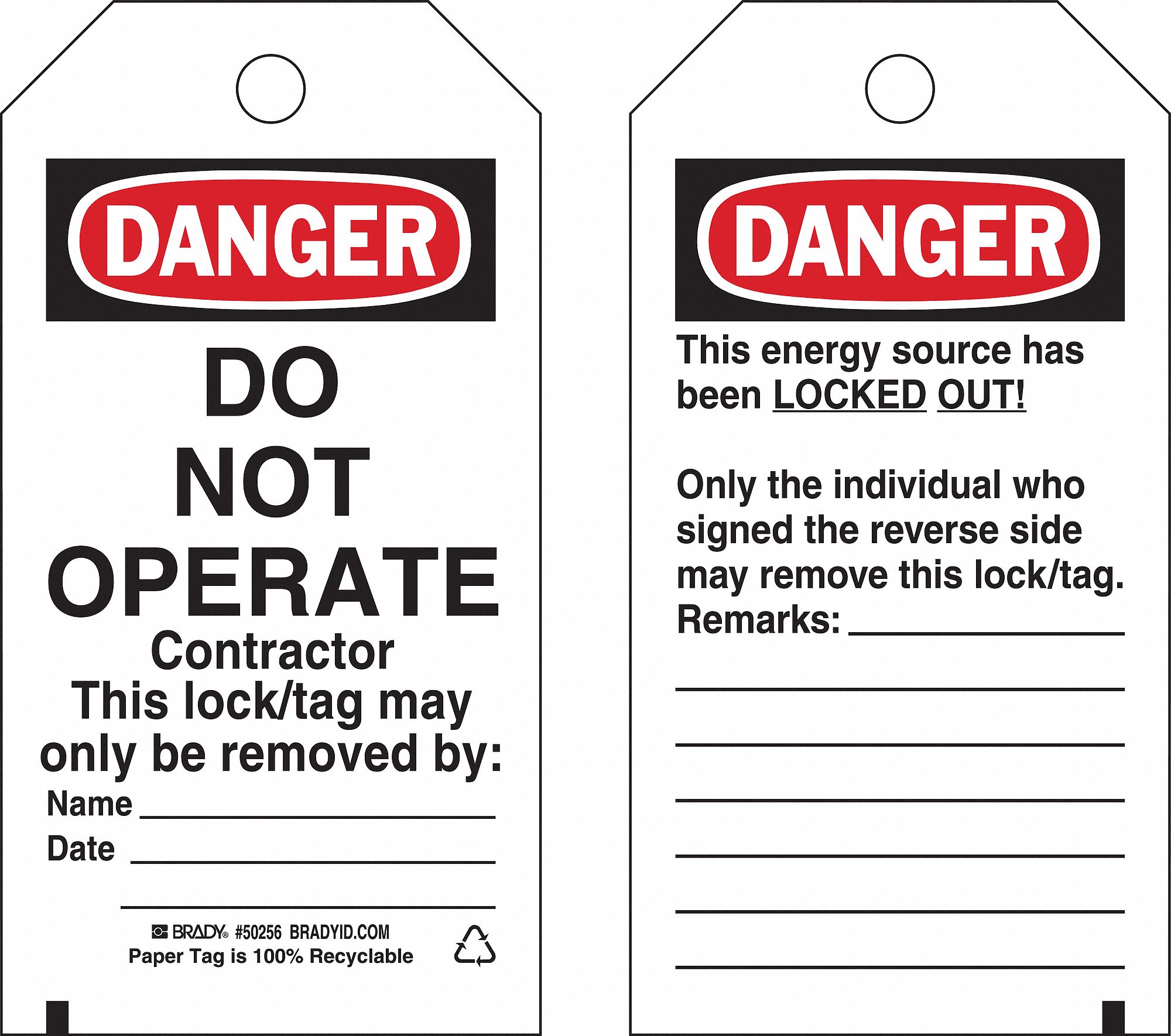 Danger Tag: Danger, Danger Do Not Operate, Paper, Date/Name/Remarks, Write-On Surface, English