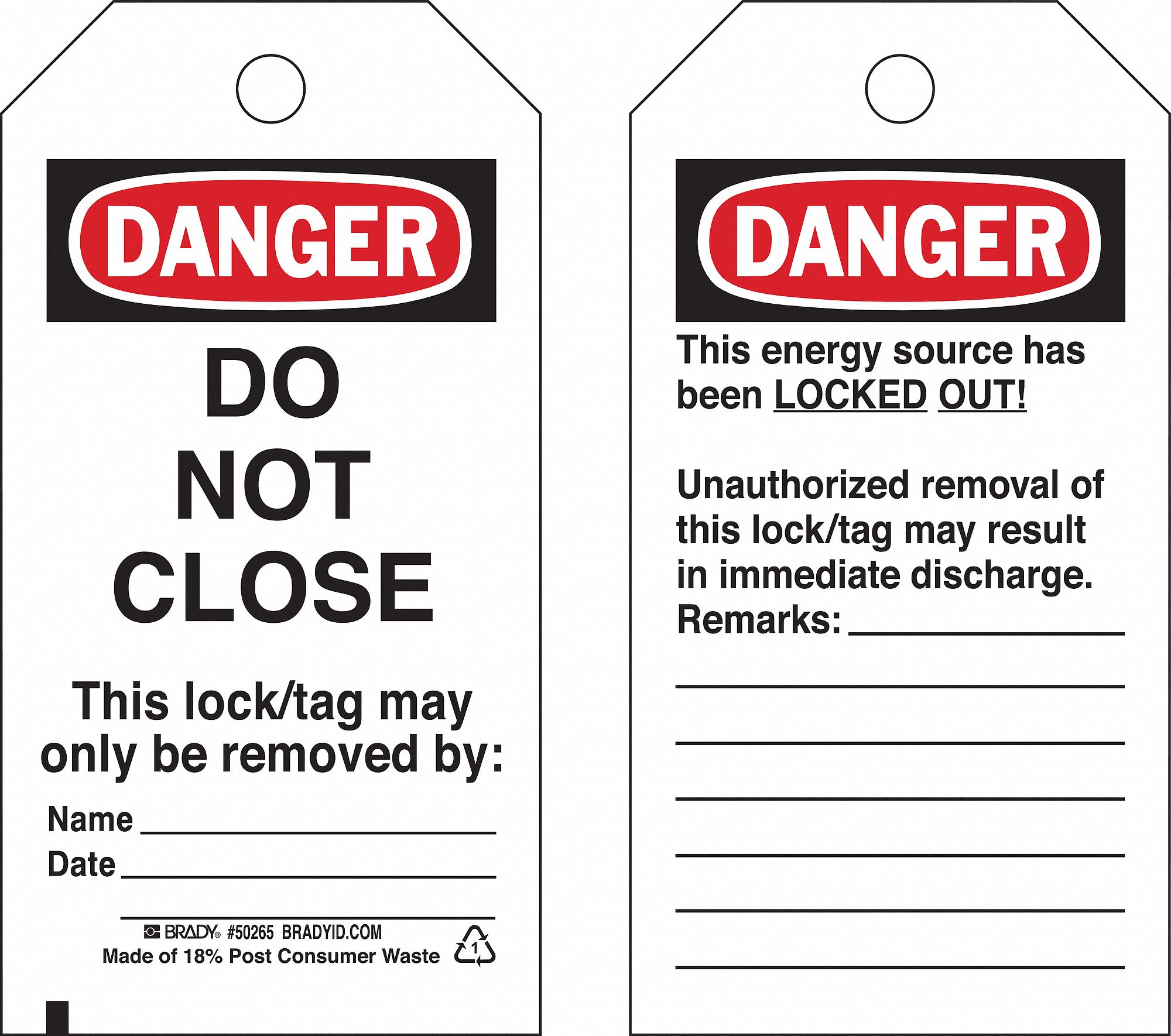 Danger Tag: Danger, Do Not Remove Tag, Polyester, Remarks, Write-On Surface, English, Danger