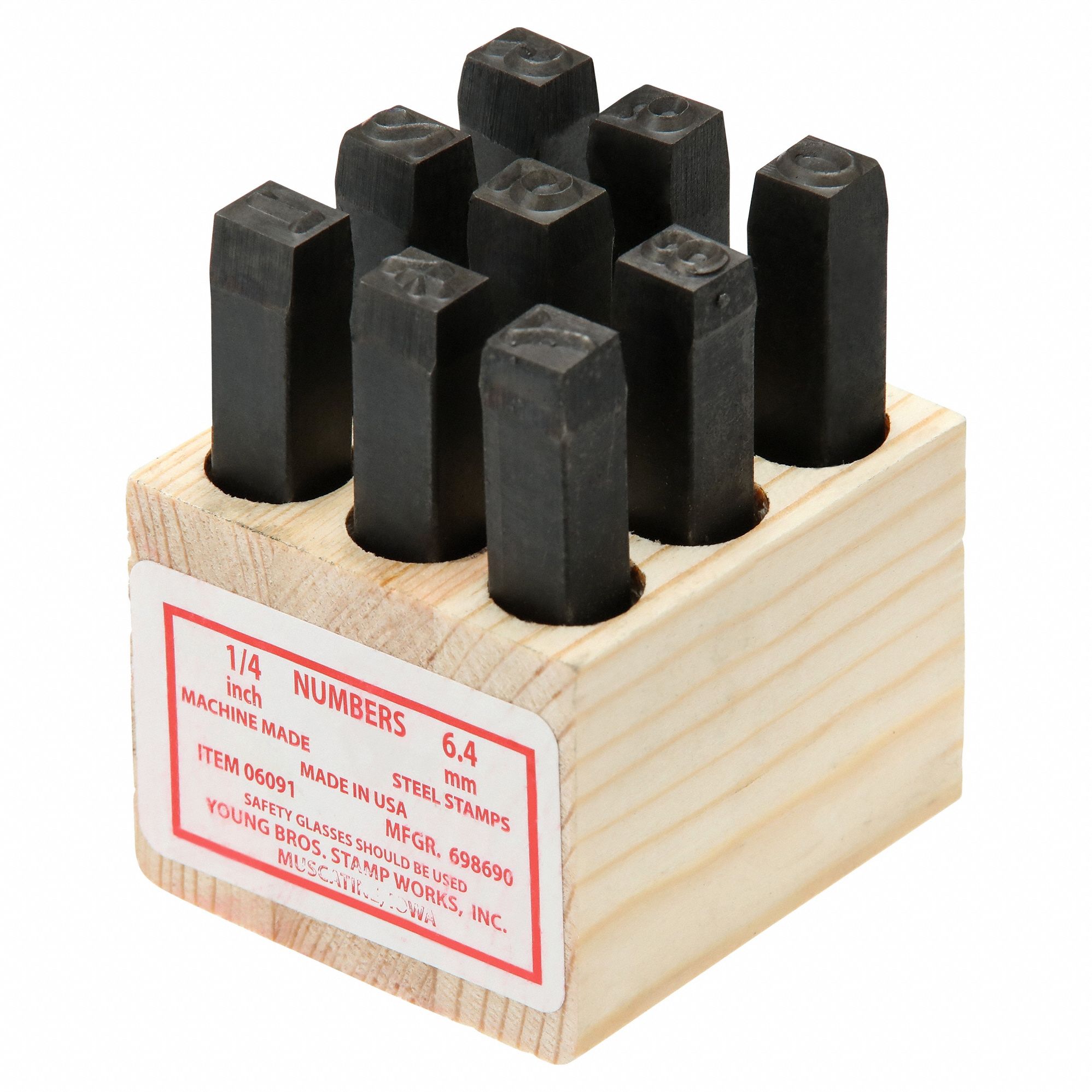 Steel Type Kit: 0 thru 9 (6 doubles as 9), 1/4 in Character Ht, 2 5/8 in Shank Lg, Steel