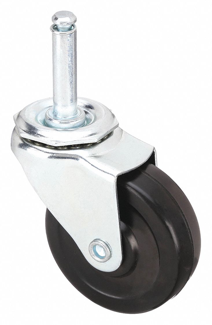 Stem Caster: Swivel, No Brake, 3 in Wheel Dia., 1 in Wheel Wd, Rubber, Rubber, Black