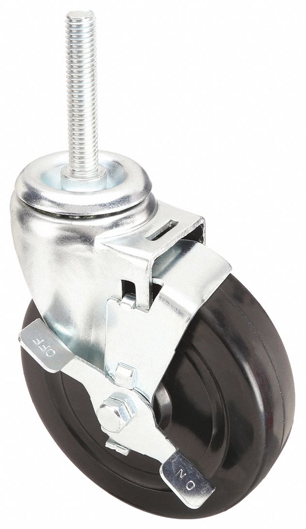 NSF-LISTED SANITARY THREADED STEM CASTER, 5 IN WHEEL DIAMETER, 200 LB, RUBBER, PLAIN