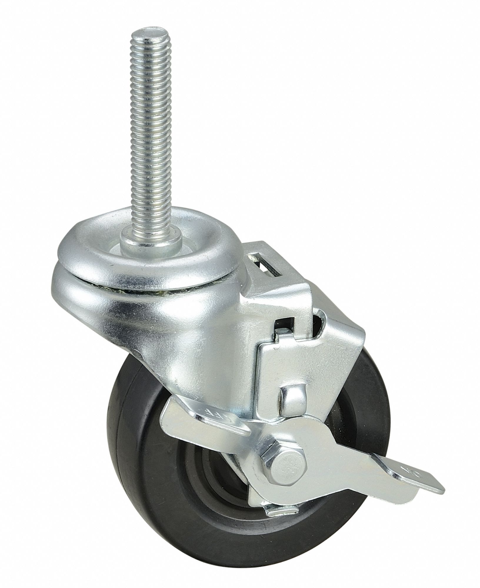 Stem Caster: 3 1/2 in Wheel Dia., 1 1/4 in Wheel Wd, Swivel with Brake, Swivel