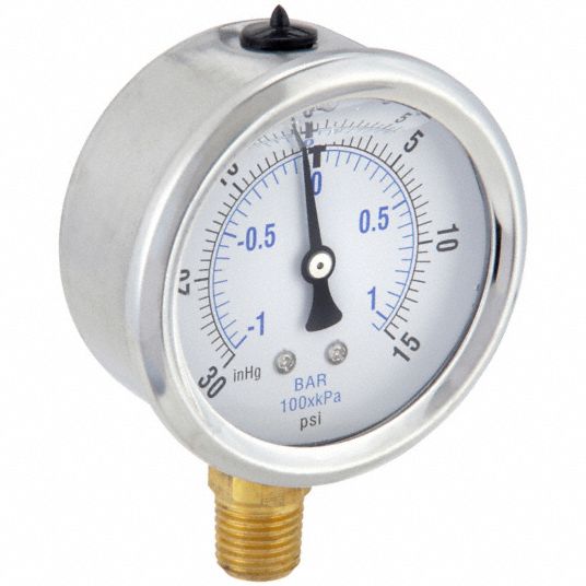 PIC GAUGES, 30 to 0 to 15 in Hg/psi, 2 1/2 in Dial, Industrial Compound ...