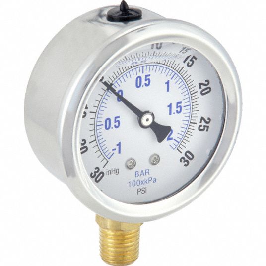 PIC GAUGES, 30 to 0 to 30 in Hg/psi, 2 1/2 in Dial, Industrial Compound ...