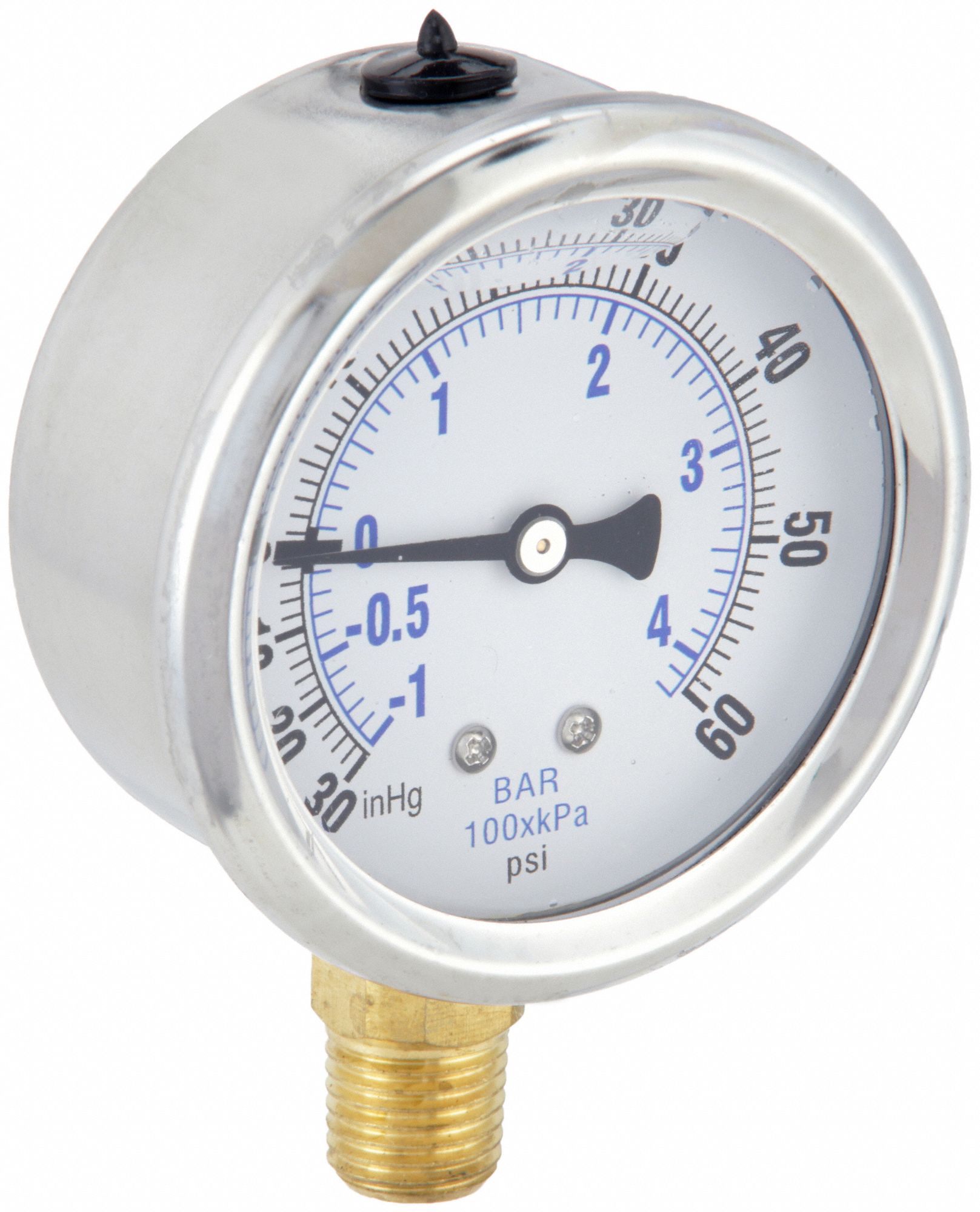 Industrial Compound Gauge: 60 psi to 0 psi / Hg to 60 psi, 2 1/2 in Dial, 1/4 in NPT Male