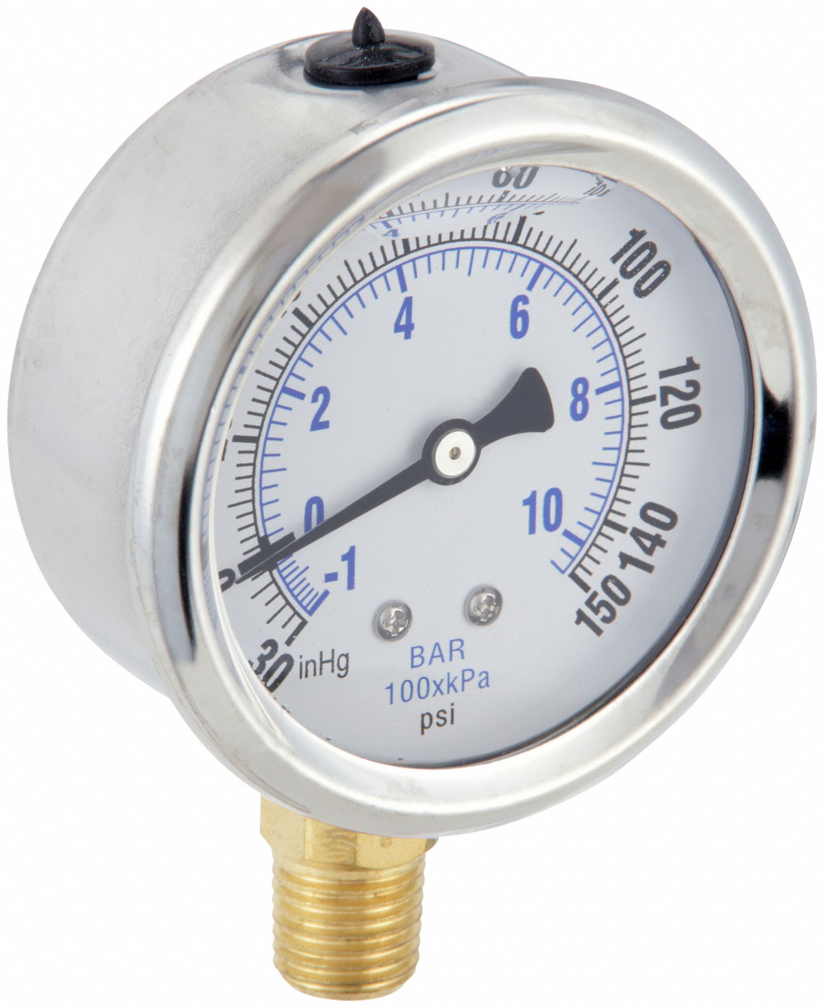 Industrial Compound Gauge: 150 psi to 0 psi / Hg to 150 psi, 2 1/2 in Dial, Bottom, 201L