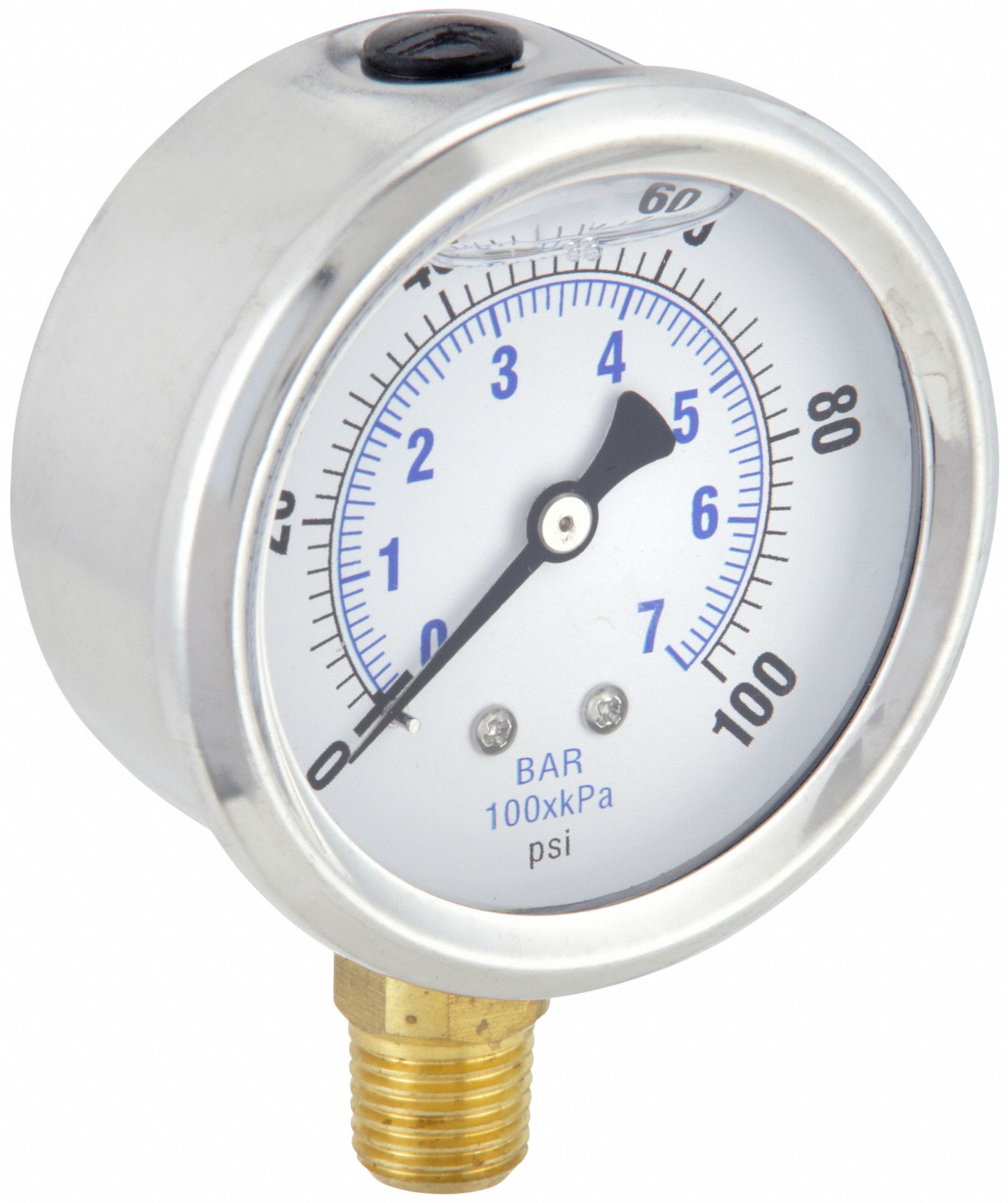 Industrial Pressure Gauge: 0 psi / Hg to 100 psi, 2 1/2 in Dial, 1/4 in NPT Male, Bottom