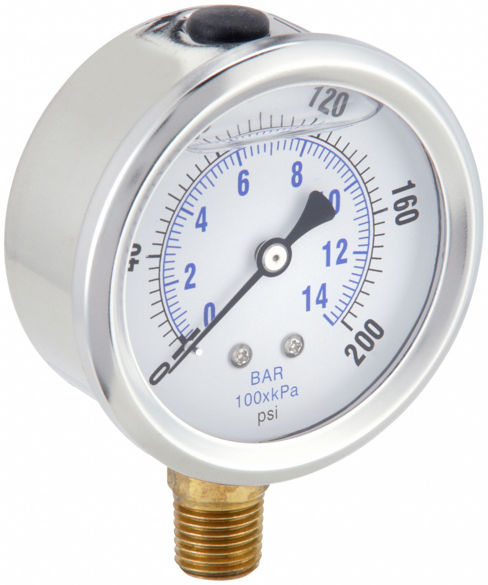 Industrial Pressure Gauge: 0 psi / Hg to 200 psi, 2 1/2 in Dial, 1/4 in NPT Male, Bottom