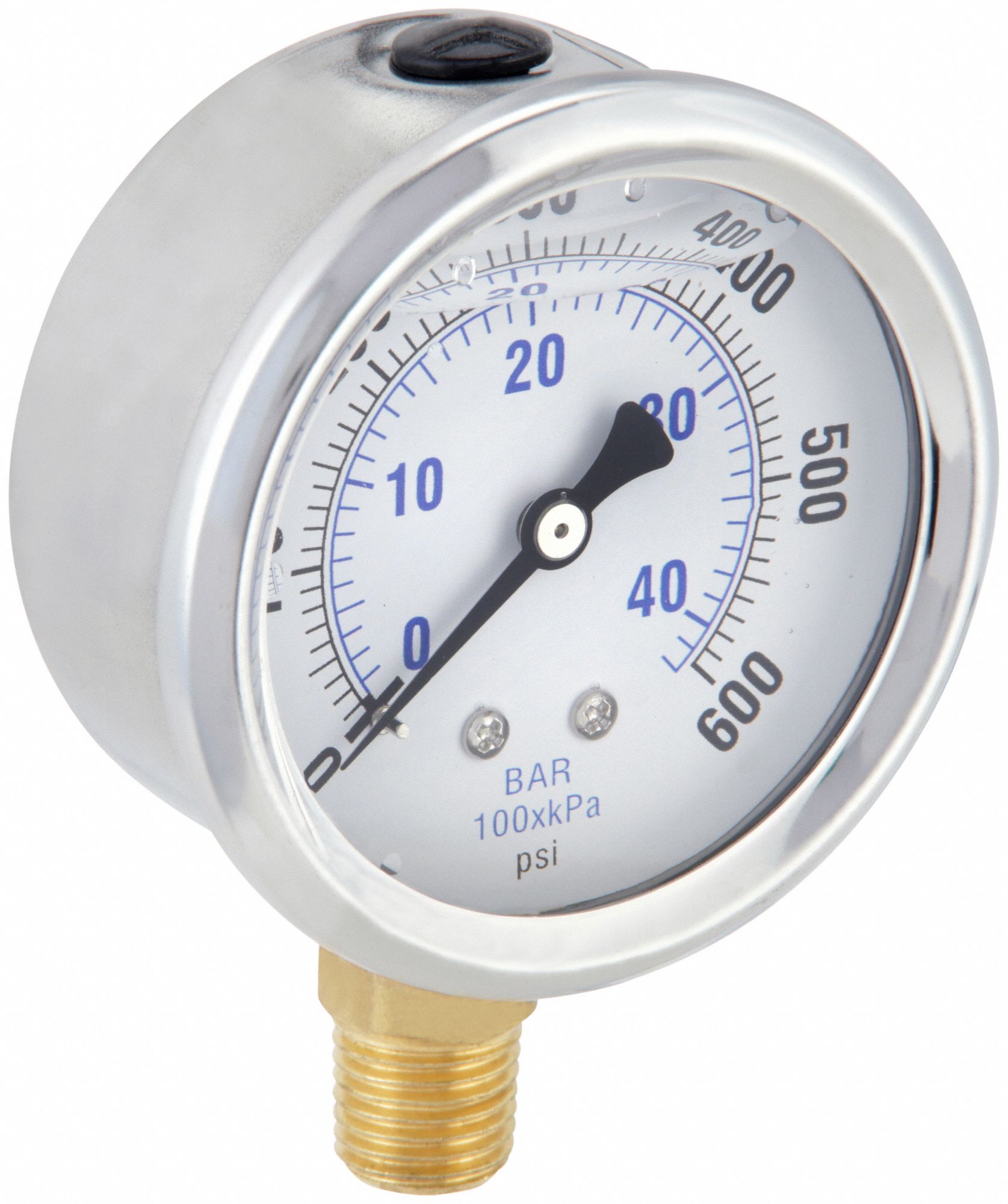 PRESSURE GAUGE, BOTTOM MOUNT, GLYCERIN-FILLED, 0-600 PSI, 1/4" MALE, 2 1/2" DIAL