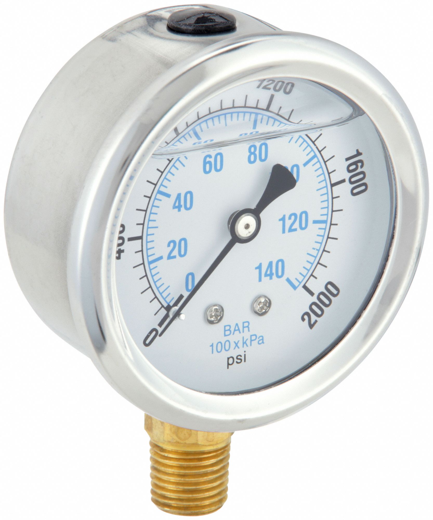 INDUSTRIAL PRESSURE GAUGE, 2,000 PSI TO 0 PSI/HG TO 2,000 PSI, 2 1/2 IN DIAL, BOTTOM, 1/4 IN NPT